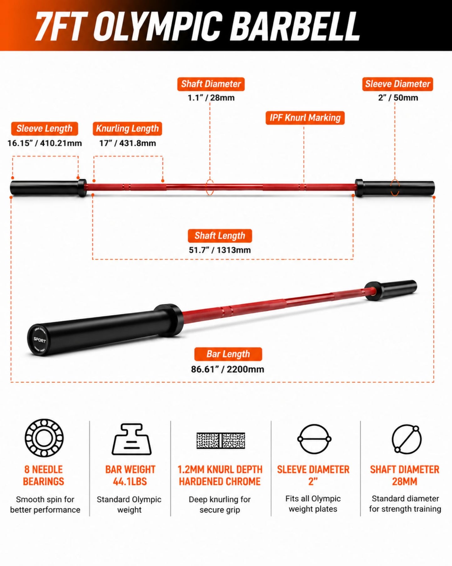 7ft Olympic Barbell 20kg/44Lbs, 1000LB Weight Capacity, 190K PSI High Tensile Strength Weightlifting Bar with 2-Inch Sleeves & 8 Needle Bearings for Home Gym Strength Training