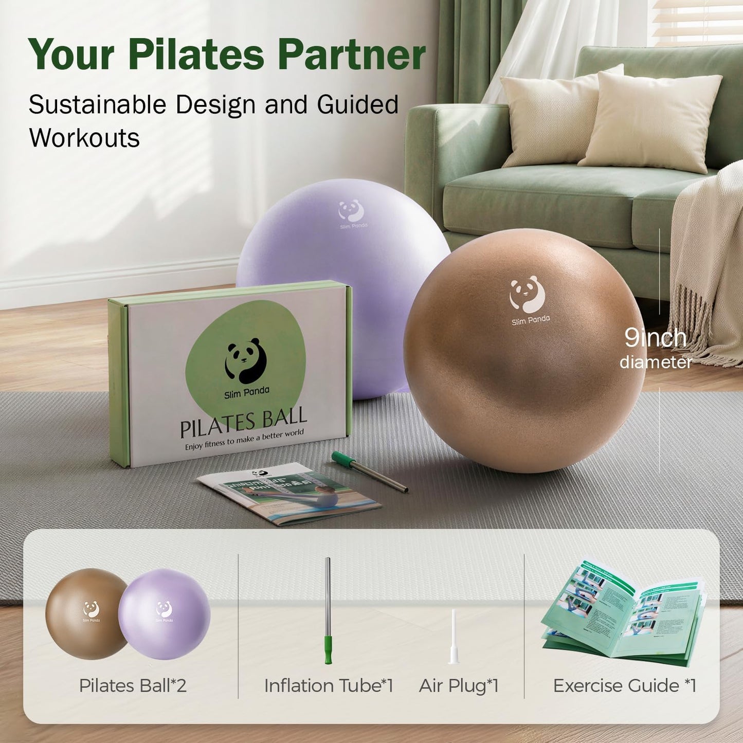Slim Panda Pilates Ball, 9 Inch Small Exercise Ball, Anti Burst Mini Yoga Ball for Stability, Workout, Barre, Core Strength, Physical Therapy, Balance, Stretching