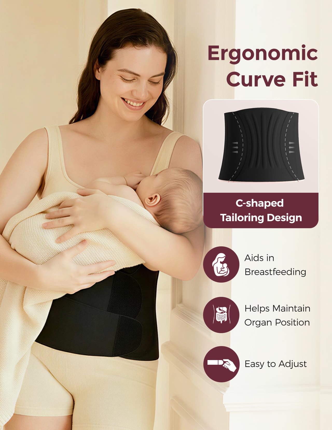 Momcozy Ergowrap Postpartum Belly Band for C-Section Recovery and Vaginal Birth, Abdominal Binder with 3D Lifting & Ergonomic Back Support, Seamless Belly Wrap Shapewear for Post Surgery Recovery