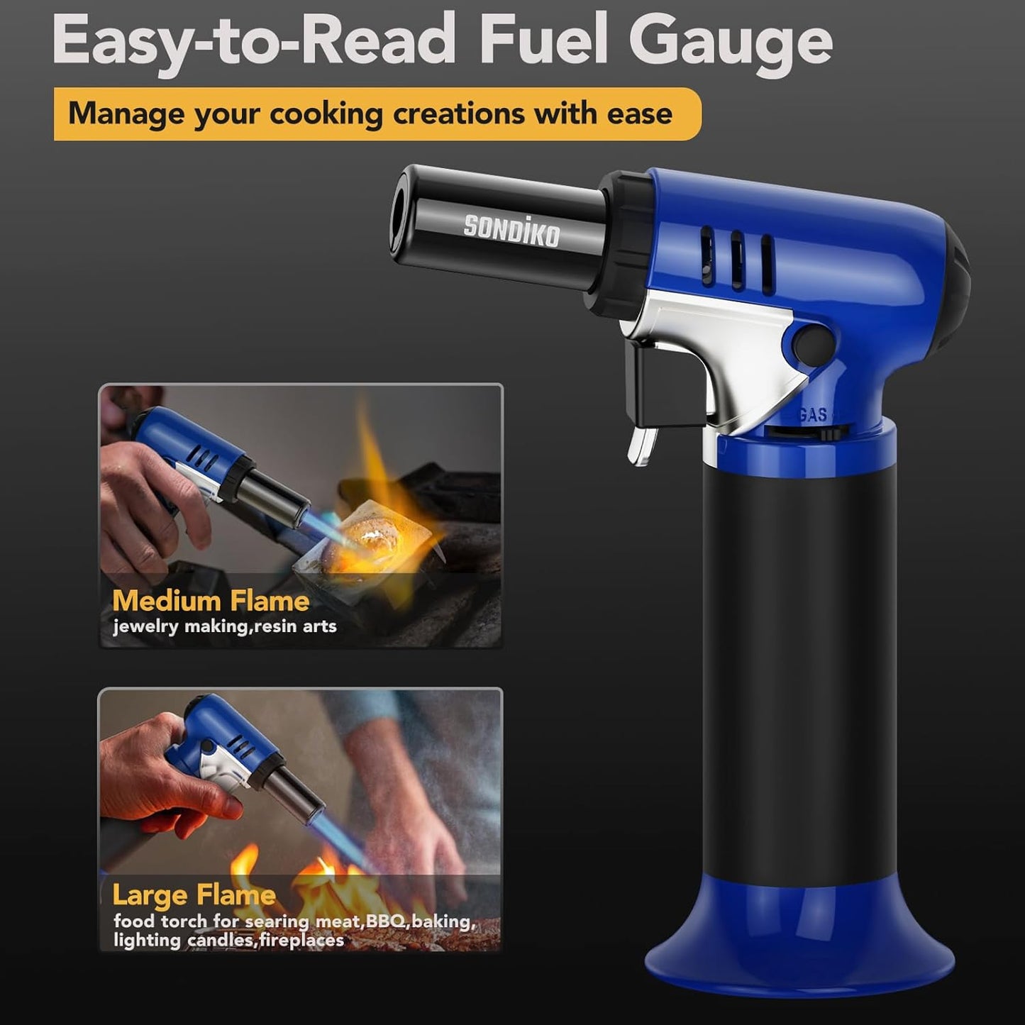 Sondiko Butane Torch - Adjustable Kitchen & Welding Torch for BBQ | Blue & Black Design
