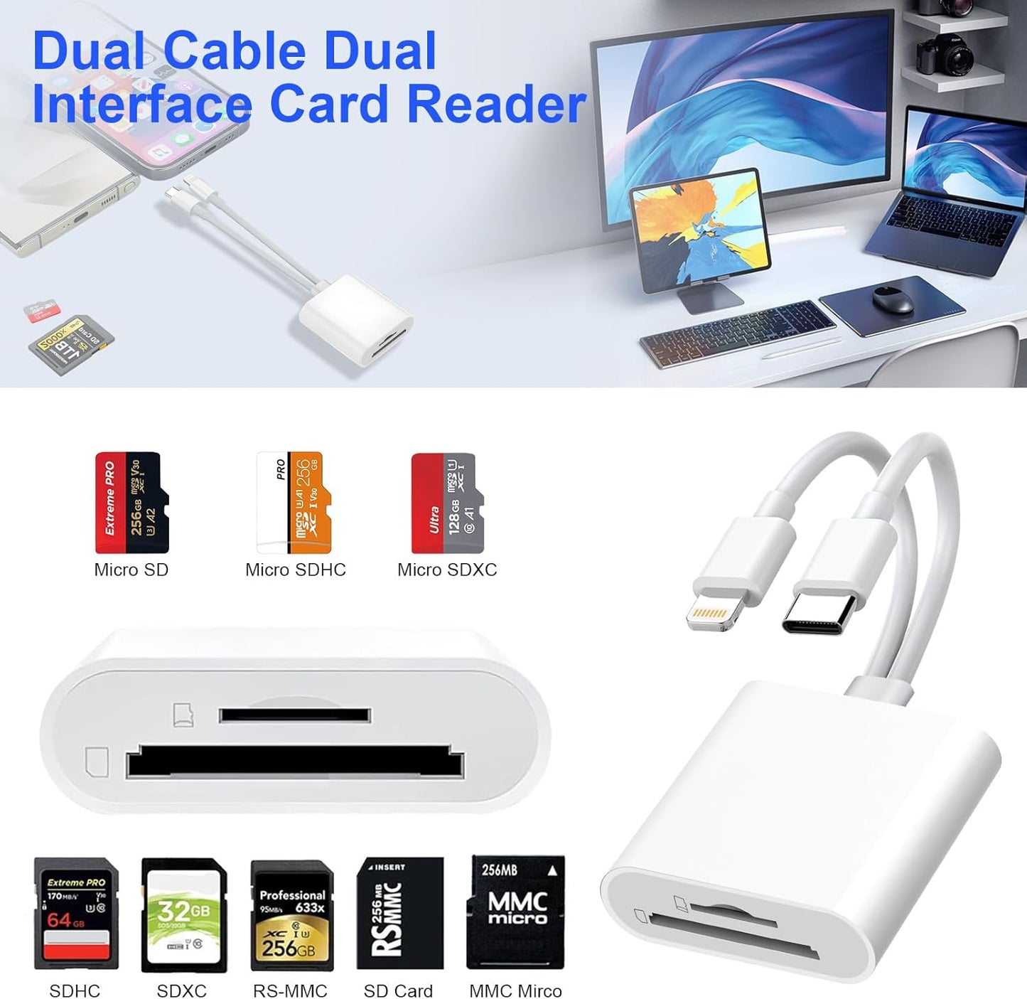 Denlane SD Card Reader for iPhone iPad, USB C & Lightning Dual Interface Memory Card Reader, Digital Camera Adapter