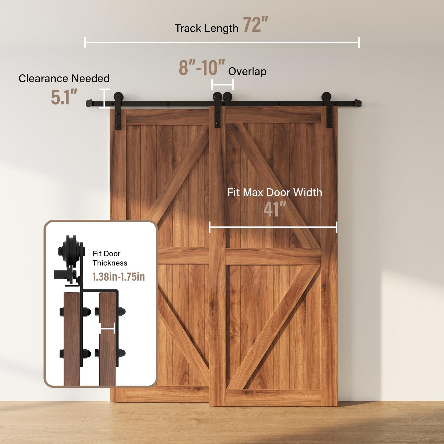 WINSOON 6FT Rail Single Track Bypass Sliding Barn Door Hardware Kit for Double Doors, Low Ceiling, Easy Mount, Heavy Duty, Slide Quietly and Smoothly