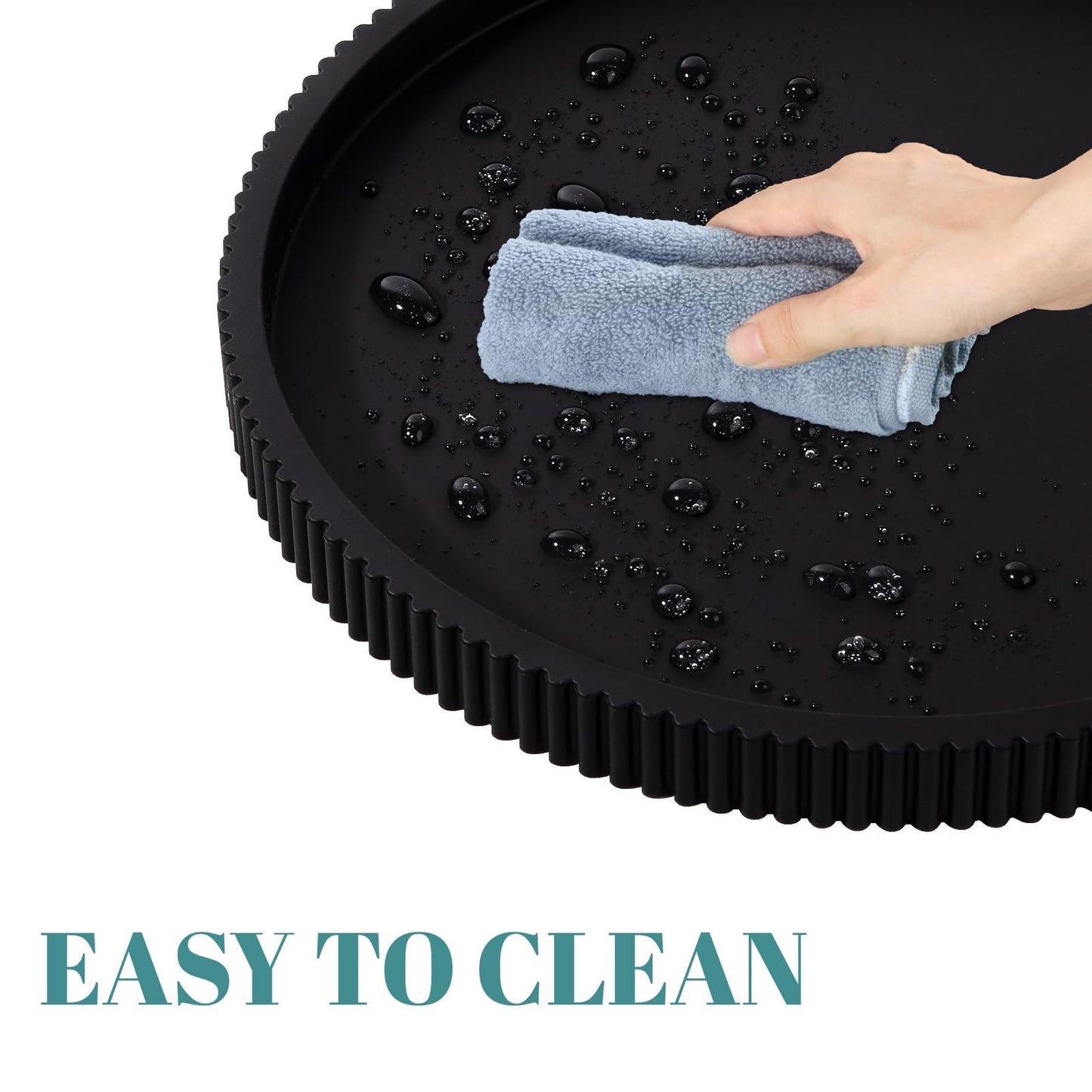 Silicone Bathroom Tray Round Kitchen Counter Organizer Decorative Vanity Accessories Coffee Table Decor for Perfume, Candle, Soap Dish, 9 Inch, Black