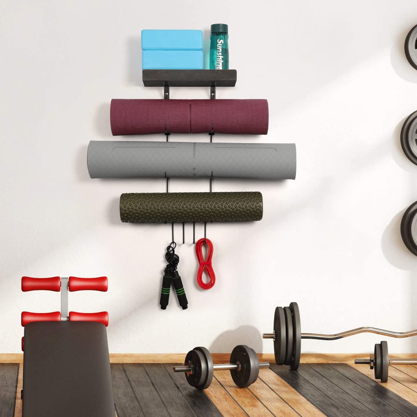 VINAEMO Yoga Mat Holder Accessories Wall Mount Organizer Storage Decor Foam Roller and Towel Storage Rack with 4 Hooks and Wooden Shelves Yoga Mats Rack Resistance Bands for Home Gym School Office