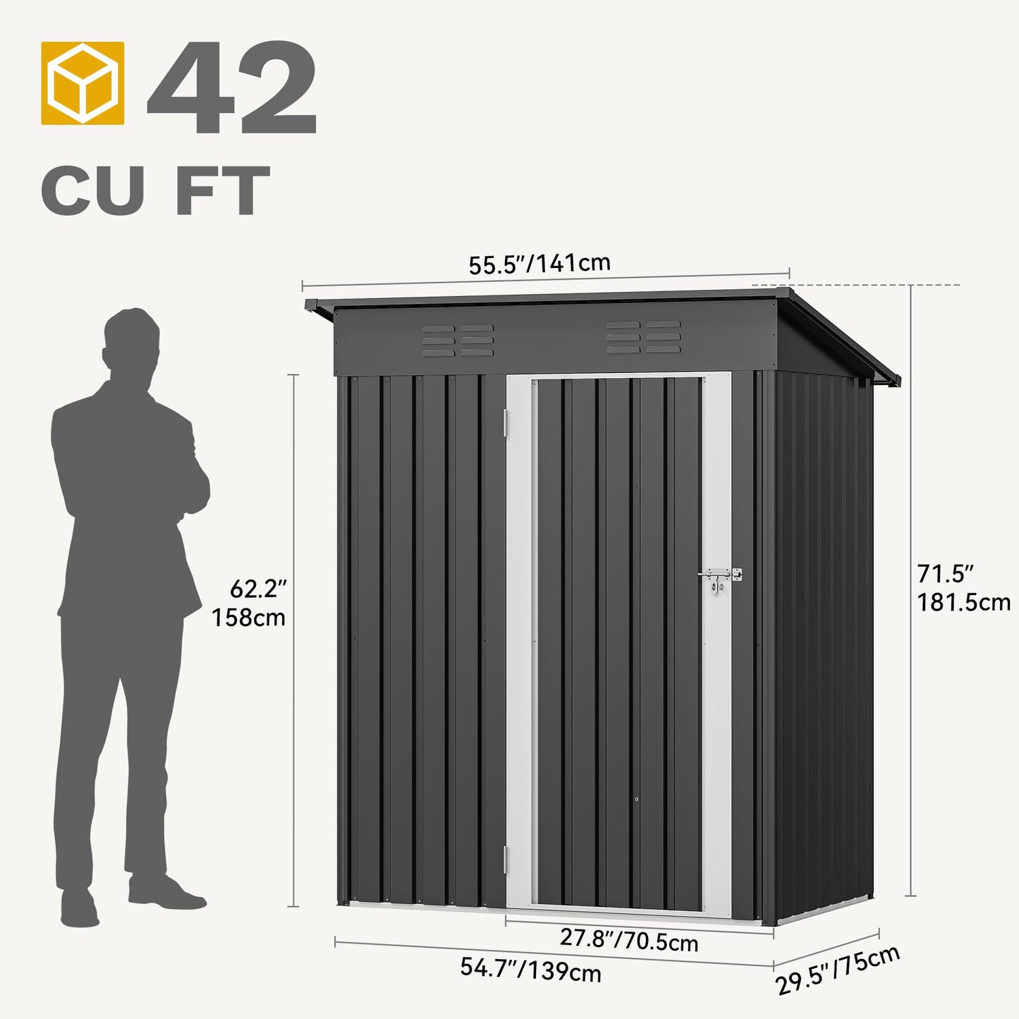 DWVO 5x3ft Metal Outdoor Storage Shed, Waterproof Tool Shed Heavy-Duty Storage Unit with Lockable Door and Vents, Ideal for Bicycles, Tools, Lawnmowers, Backyards, Patios, Lawns - Dark Gray