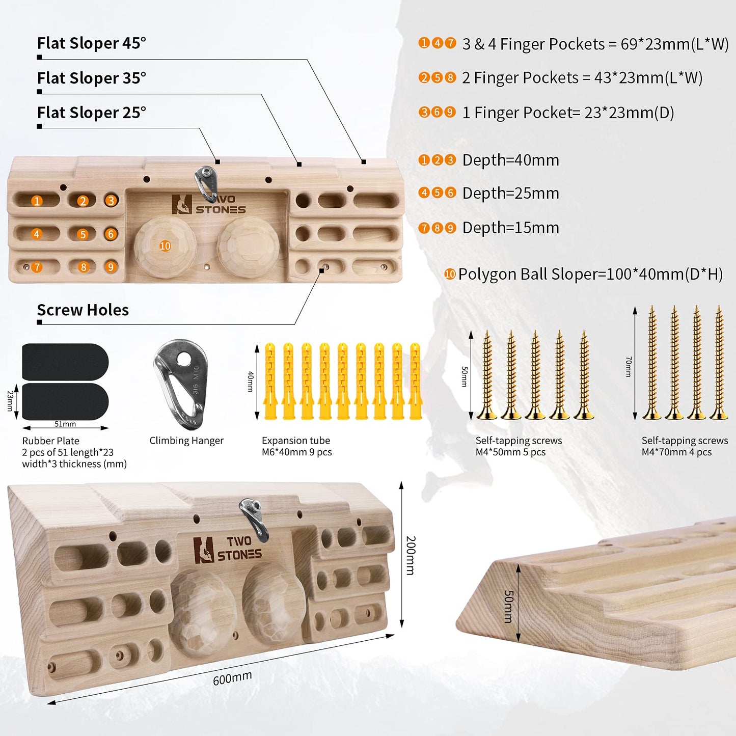 Two Stones Hangboard Rock Climbing Pull Up Bar Designed Training for Climbing, Wooden Fingerboard Climbing Finger Board Training Board for Building Core Strength and Endurance (CJ-HB2051)