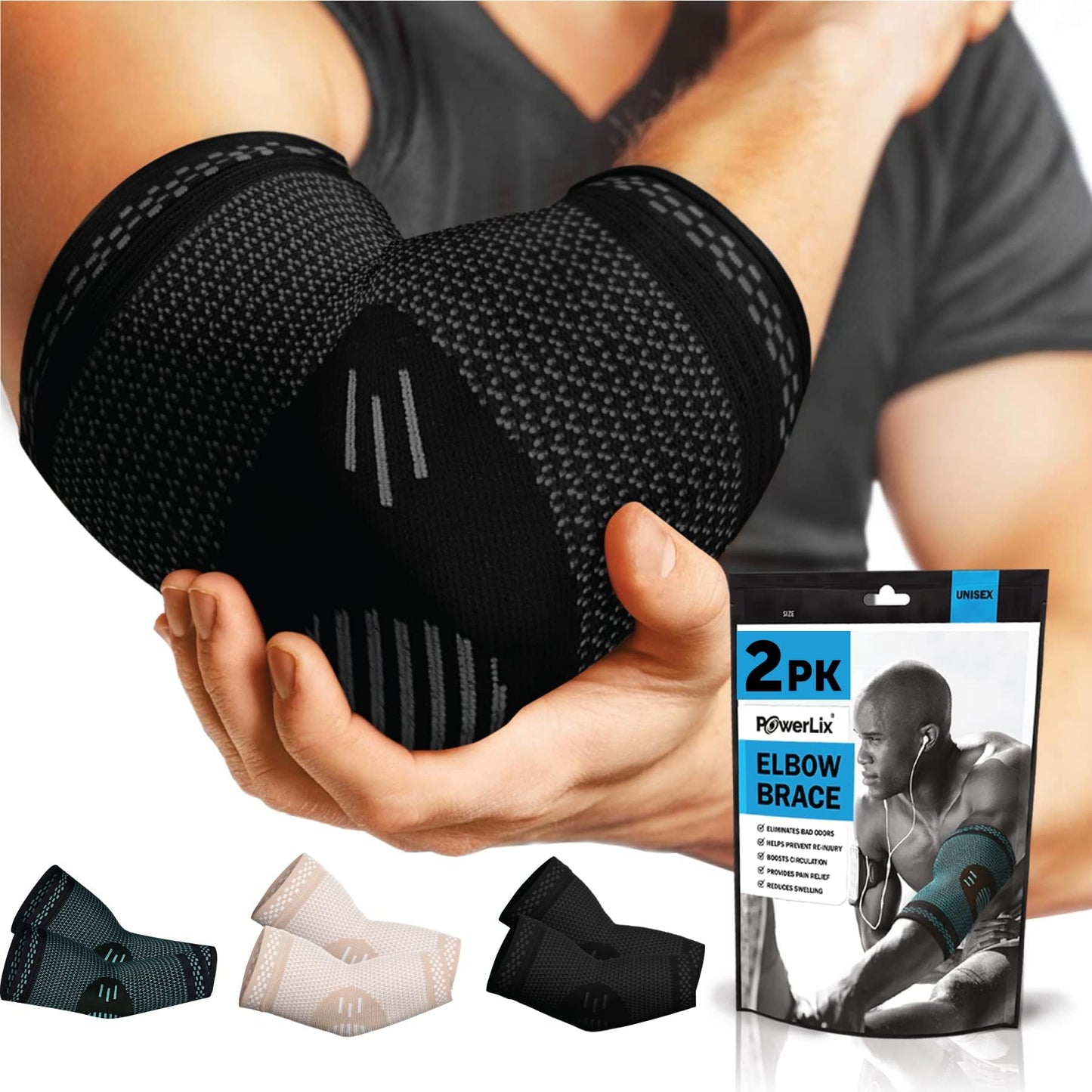 POWERLIX 2Pack Elbow Orthopedic Brace Compression Support (Pair) - Elbow Sleeve for Tennis, Golfer’s, Bursitis, and Sprains, Arthritis, Tendonitis. Pain Relief(Black, L)