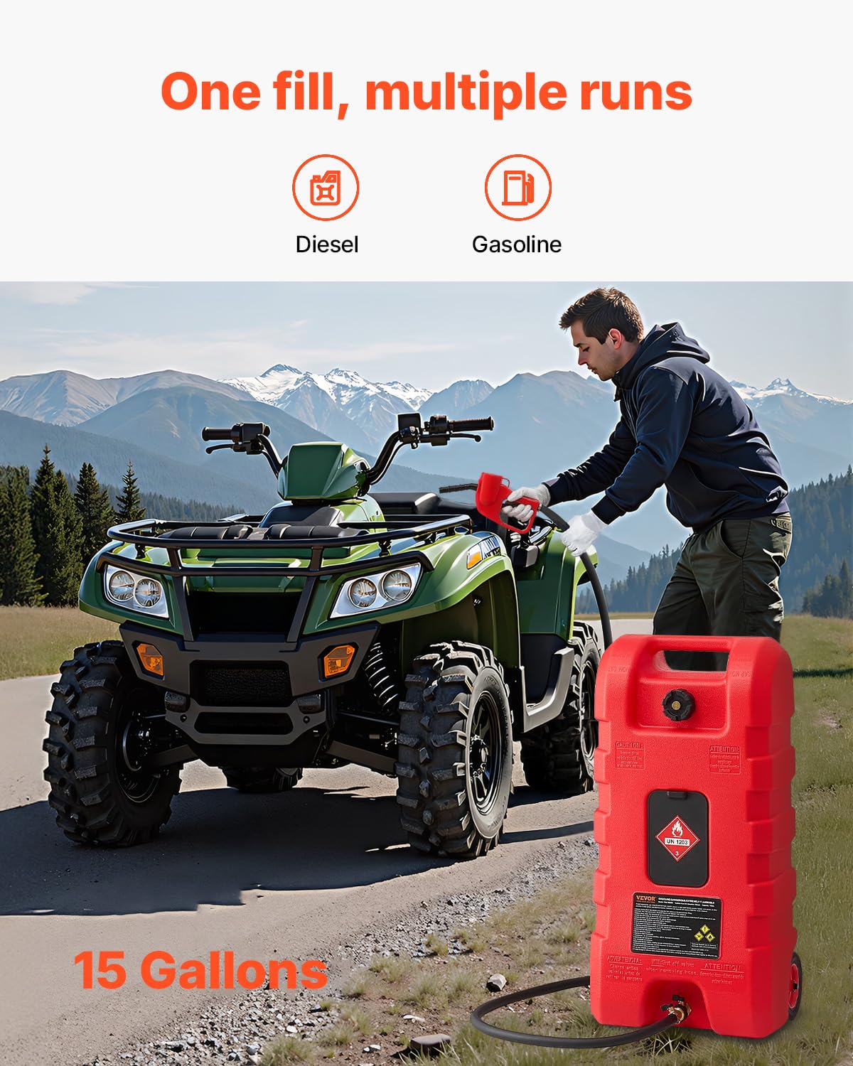 VEVOR Fuel Caddy, 15 Gallon, Fuel Tank Container with Gravity & Hand Pump Modes, Portable Fuel Tank with Wheels, 10 ft Delivery Hose & Manual Pump, Gas Caddy for Motorboats, ATVs, Gasoline & Diesel