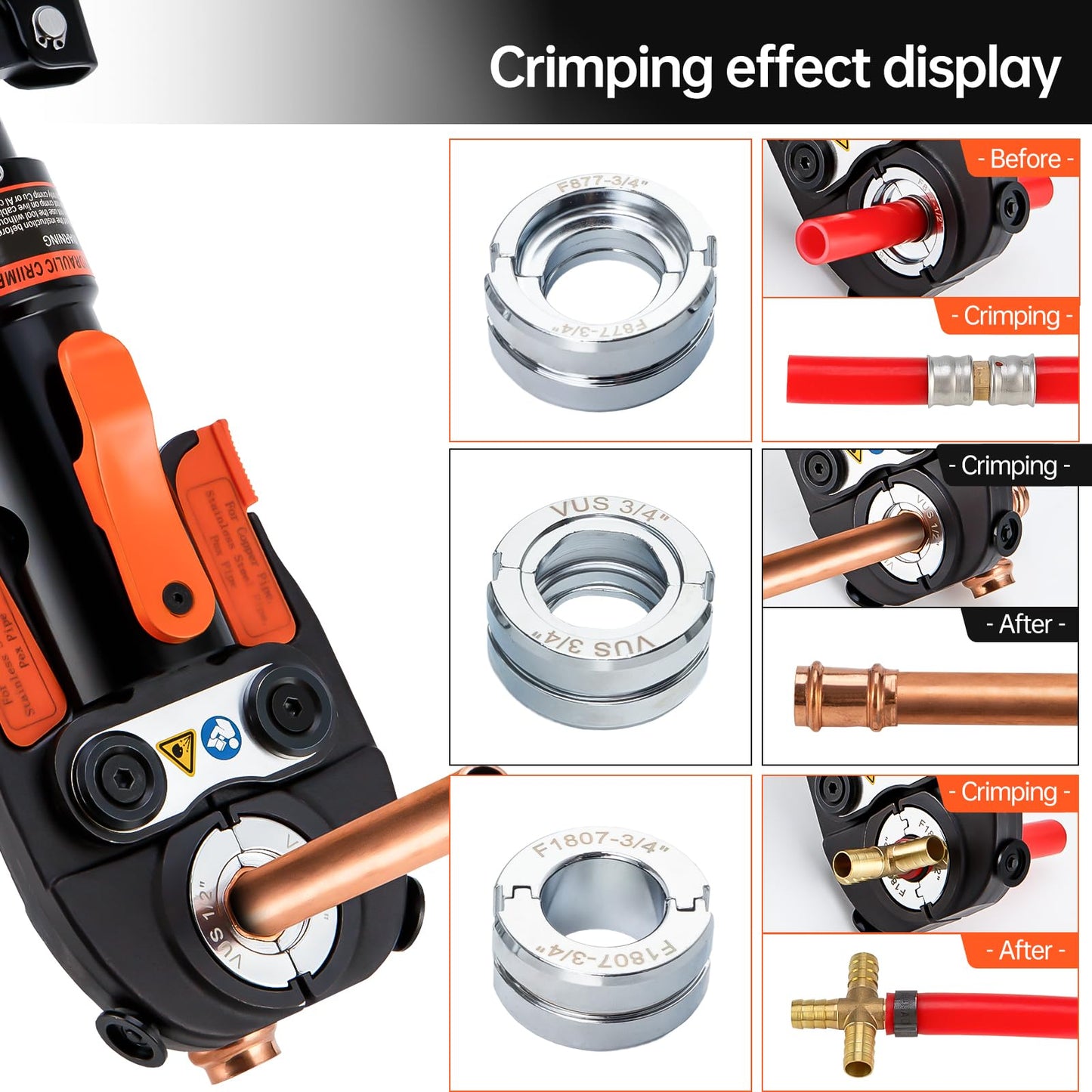 IBOSAD Hydraulic Copper Pipe Tube Fittings Crimping Tools with1/2,3/4,1" Dies for copper Pipe and F877 Stainless PEX Press Sleeves,3/8",1/2",5/8",3/4",1" Dies for ASTM F1807 Pex Pipe Copper Ring