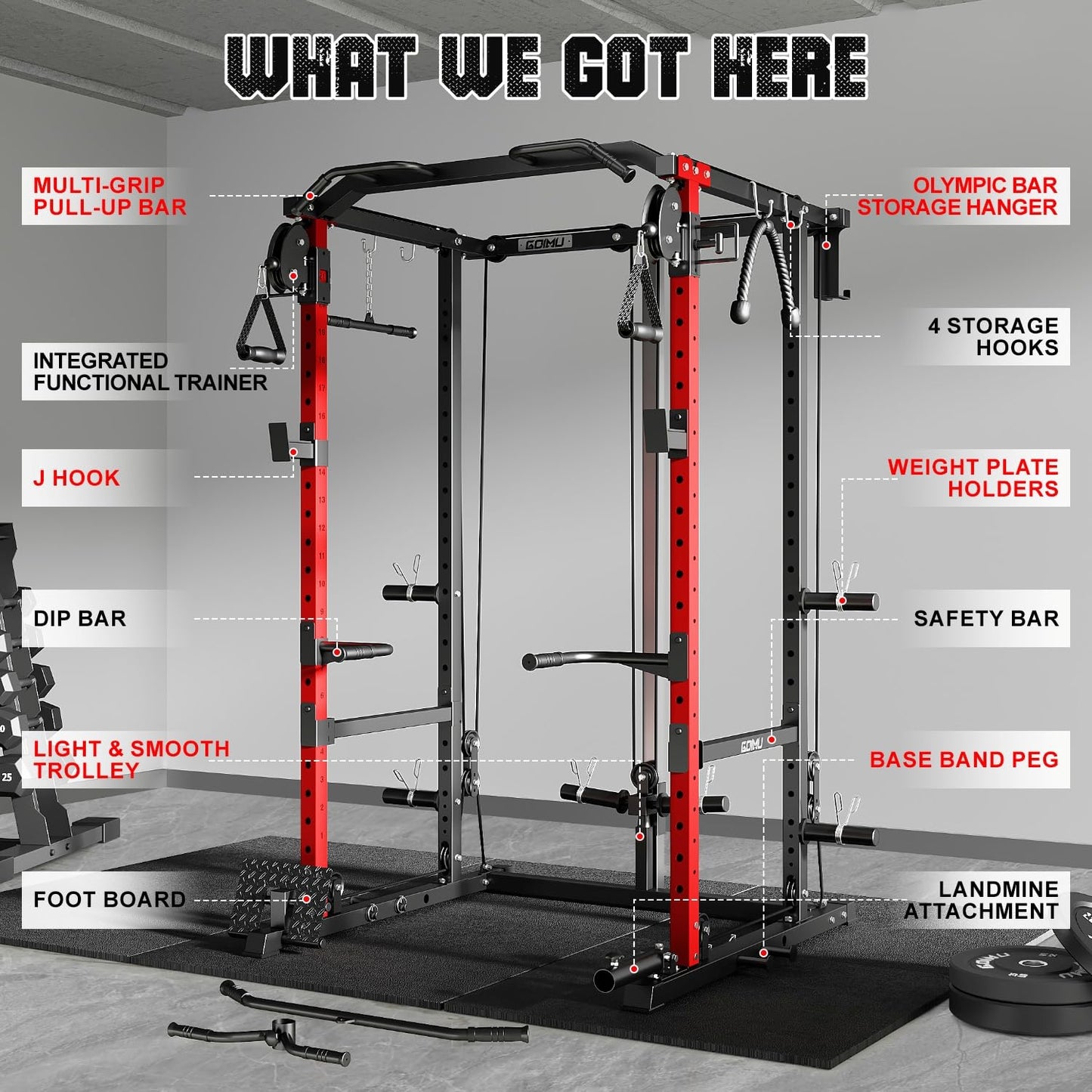 Goimu R1-V4 Power Cage Rack, 2000LB Squat Rack with Cable Crossover System, Multi-Function Weight Cage, Home Gym Workout Machine with More Training Attachments (Red R1 Power Cage)