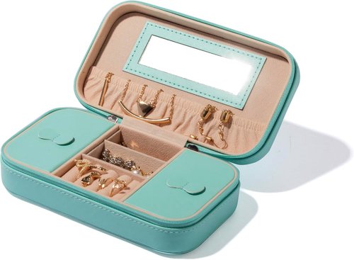 BINO Jewelry Case - Portable Compact Organizer with Mirror for Earrings, Rings & Necklaces | Aqua