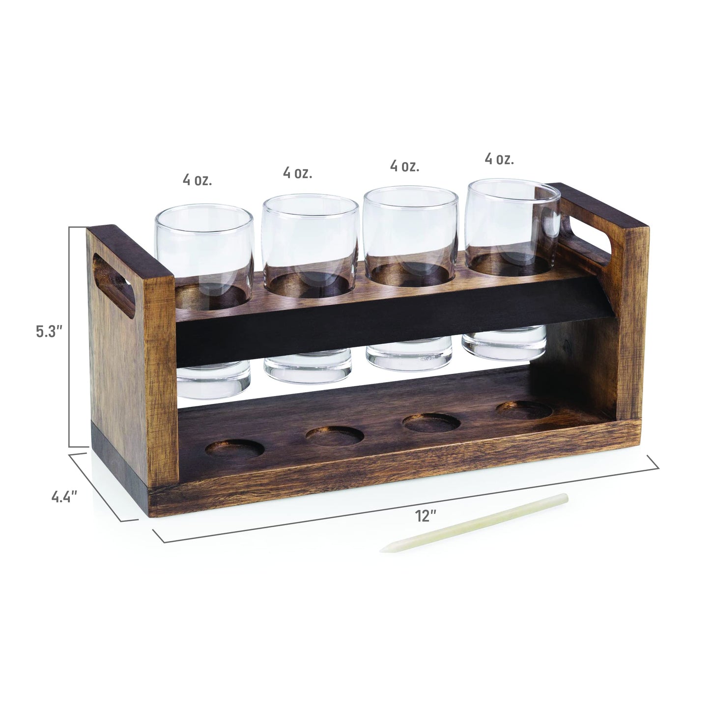 PICNIC TIME Craft Beer Flight Beverage Sampler, Beer Glasses Set, Gifts for Men, Bar Glasses Drinking Set with Carry Handles, Hollowed Areas, and Chalkboard Panel for Home and Bar, (Acacia Wood)