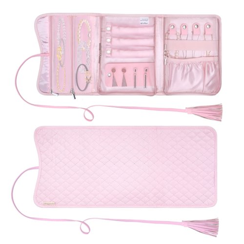 MOSISO Travel Jewelry Organizer Roll Case, Foldable Portable Jewelry Organizer Bag with Tassel for Necklace, Earrings, Rings, Bracelets and Daily Jewelries Carrying, Pink
