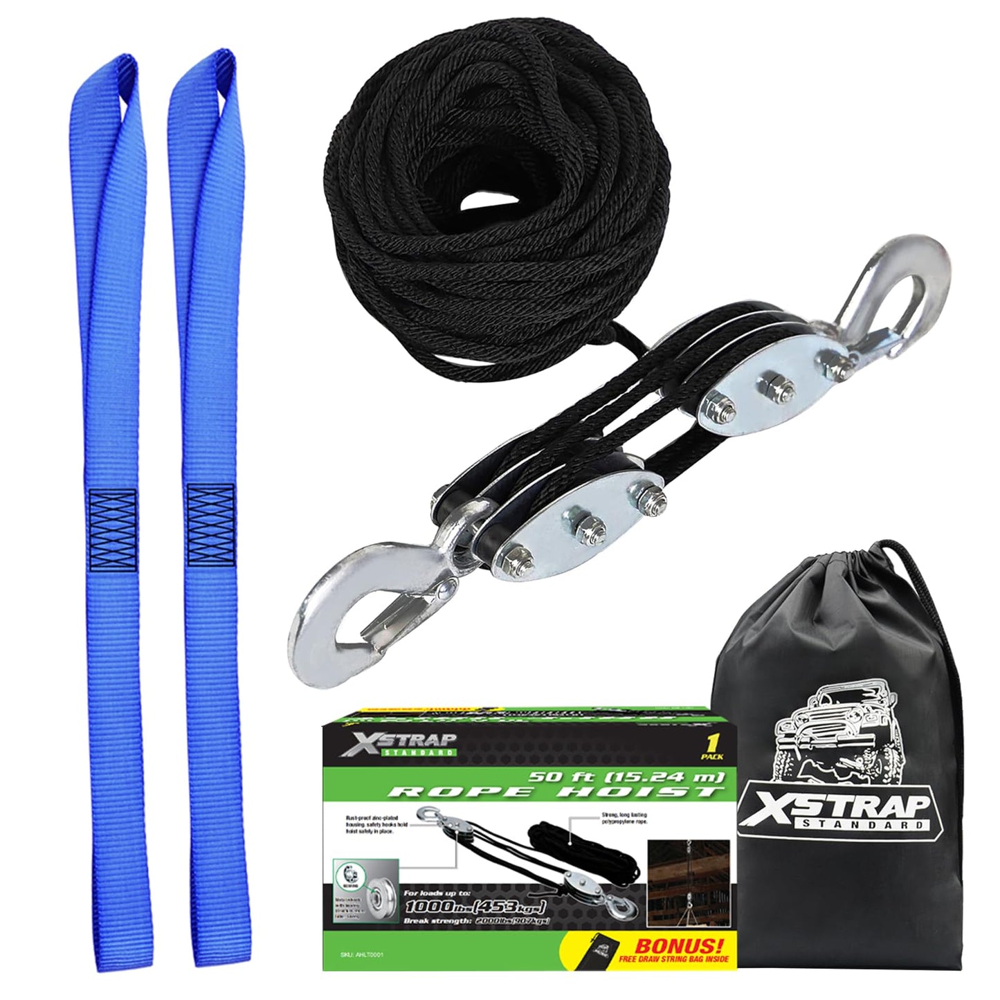XSTRAP STANDARD Heavy-Duty 2,000 LB Breaking Strength 50 FT Rope Hoist, Metal Wheels Bearing Structure, 1000 LB Work Load Block and Tackle Pulley System for Lifting Heavy Objects, with 2pcs Soft Loops