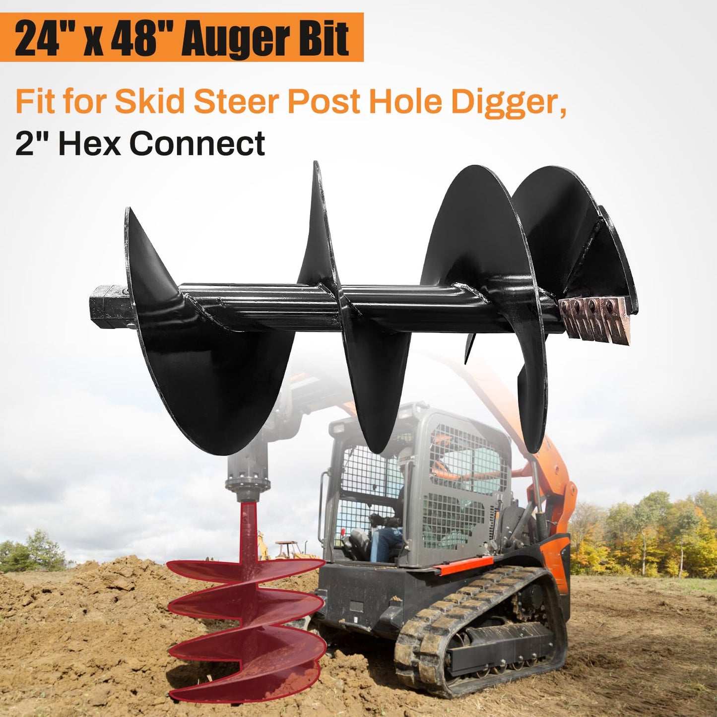 Dewinston 24" Heavy Duty Auger Bit for Skid Steer Tractor Post Hole Digger, 2" Hex Connect Adapter, 4ft Long, 4 Teeth