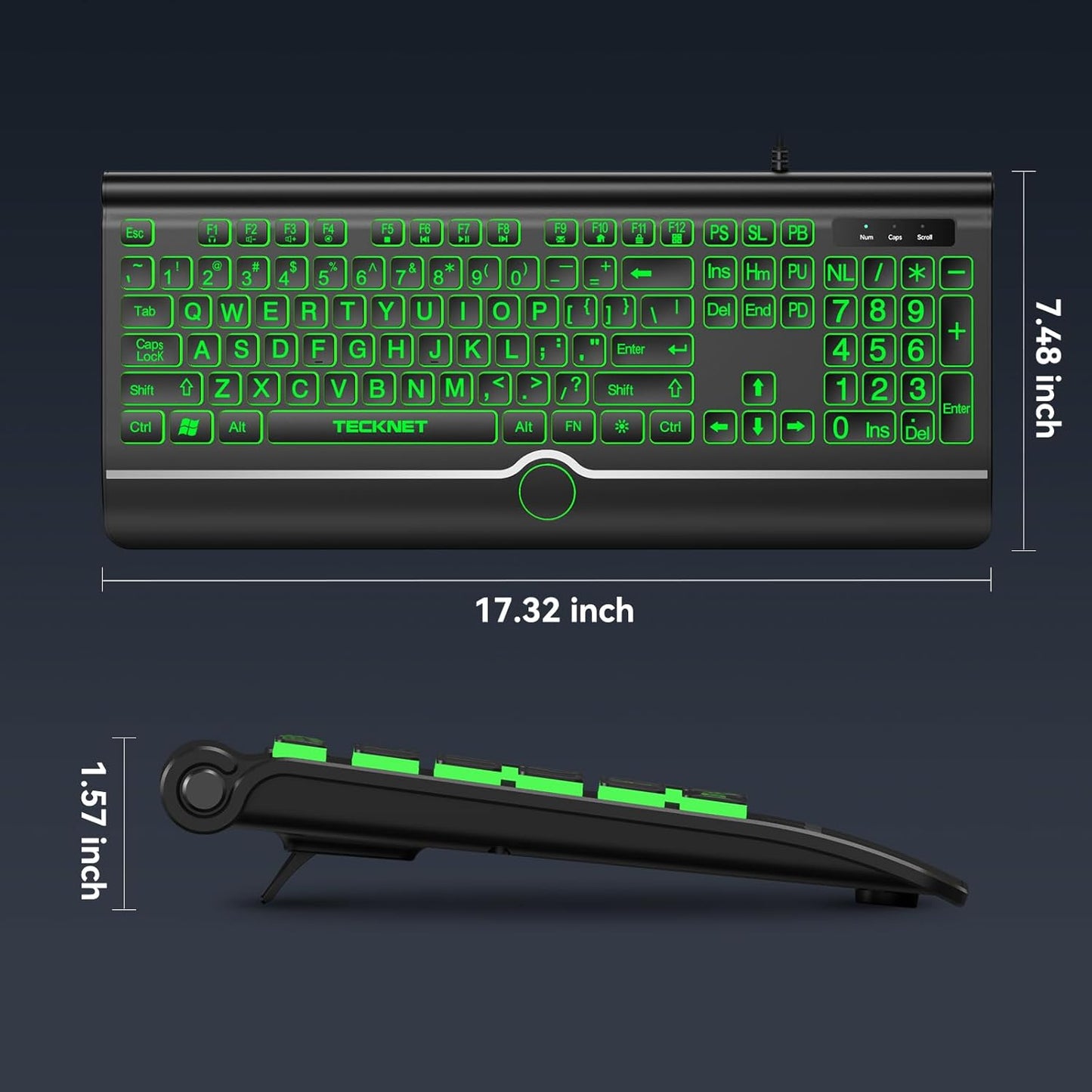 TECKNET 7-Color Large Print Backlit Keyboard, Wired USB-A Computer Keyboard with Wrist Rest, Backlit, Oversized Letter