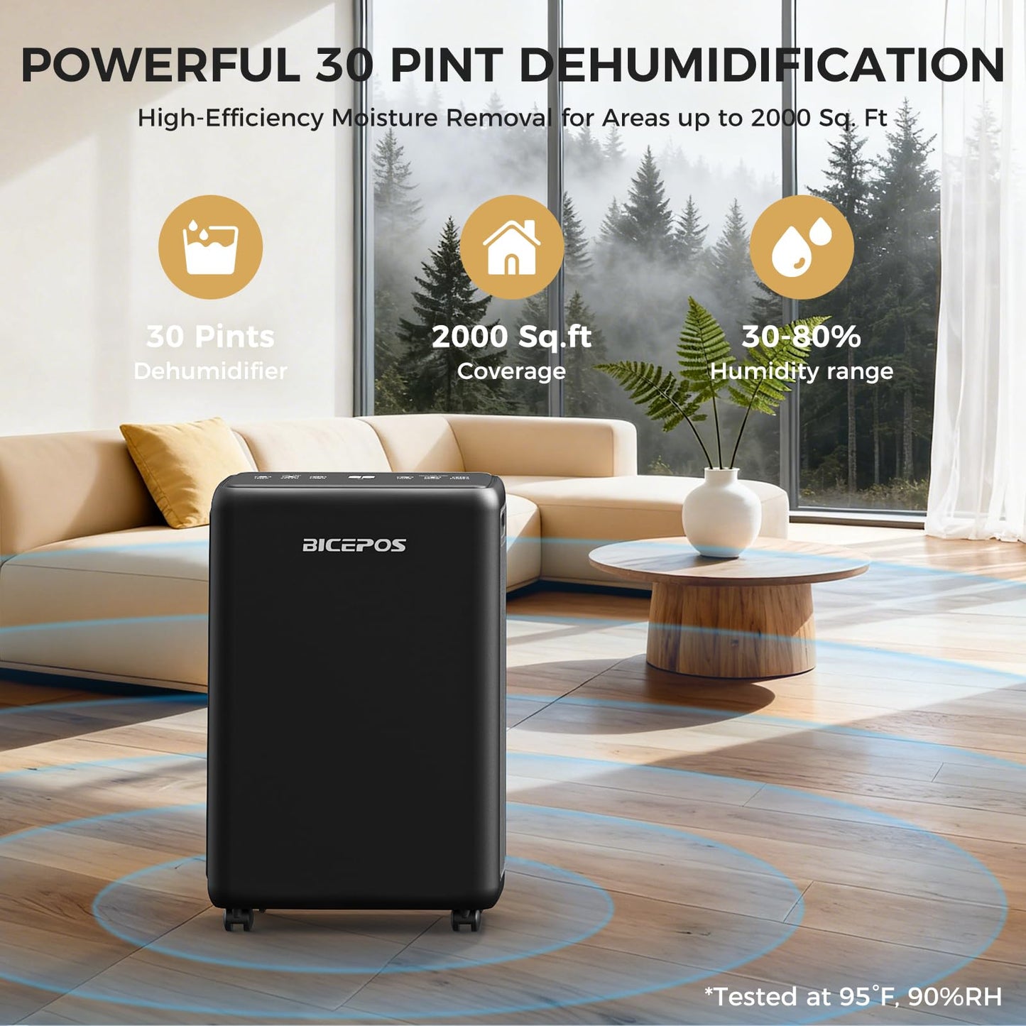 Bicepos 2000 Sq.Ft Dehumidifier for Basement, 30 Pints Dehumidifiers for Home with Drain Hose, 3 Mode, Auto Defrost, Intelligent Humidity Control for Bathroom, Bedroom, Large Room, Laundry, RV, Office