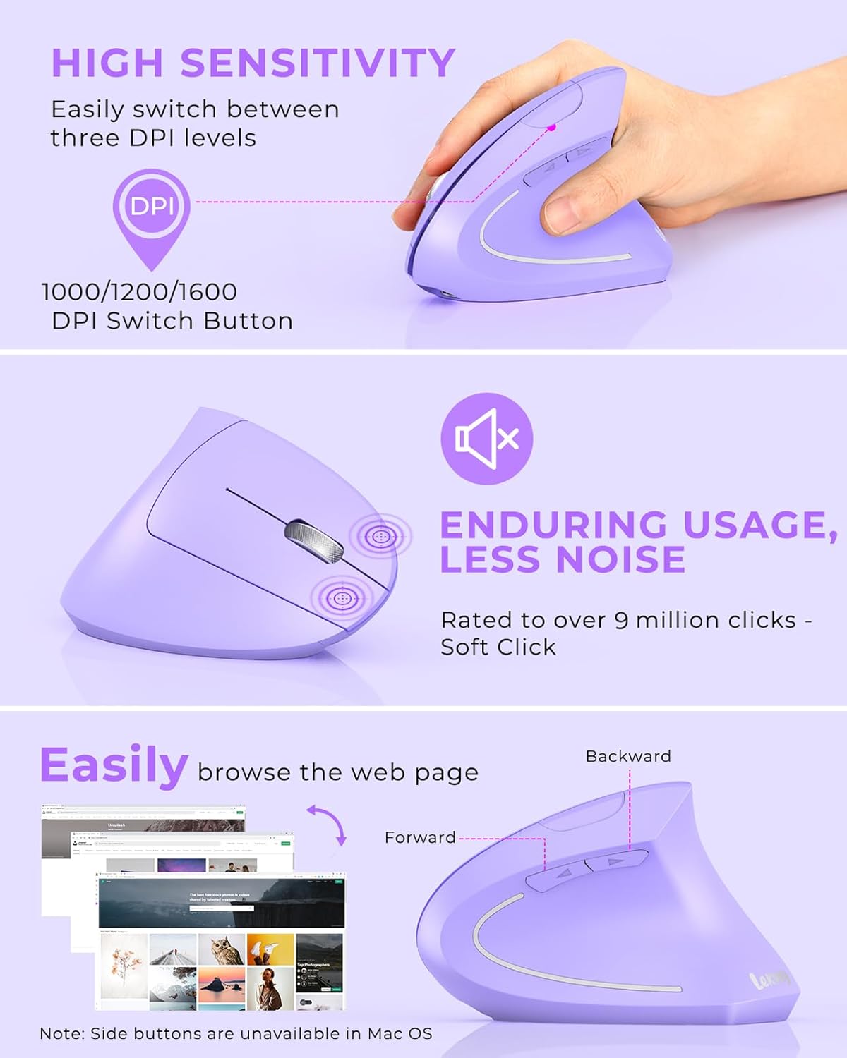 Lekvey 2.4G 1000/1200 1600 6 Ergonomic Mouse, Vertical Wireless Mouse, Rechargeable Optical Carpal Tunnel Mice with USB