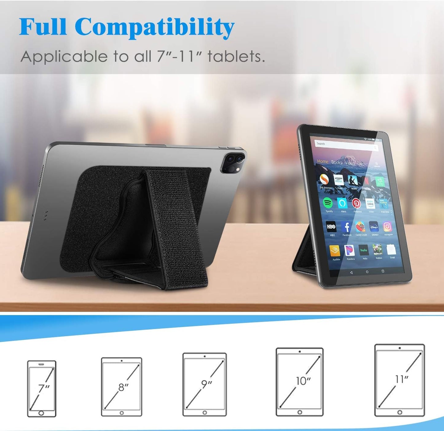 FINTIE 7-11" Universal Tablet Hand Strap Holder - [Dual Stand Supports] Detachable Padded Hook & Loop Fastening Handle