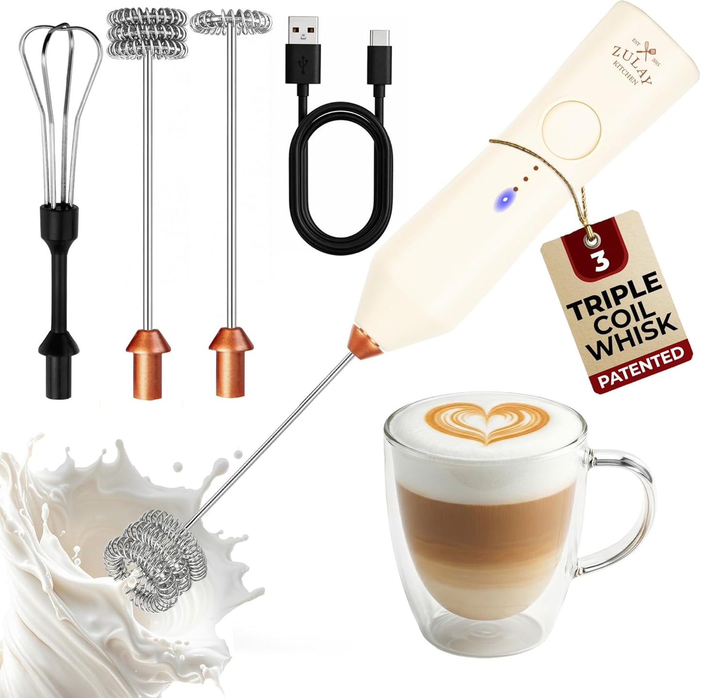 Zulay Kitchen Rechargeable Milk Frother - 3 Speeds & 3 Whisk Attachments - USB Charging for Lattes & Cappuccinos - Cream Copper