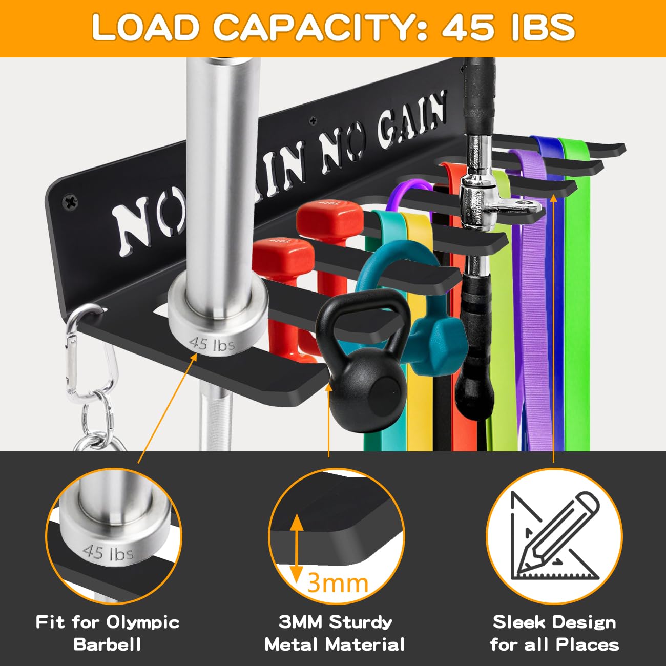 Gym Home Rack 8 Hook Heavy-Duty Wall-mounted Organizer Multi-Purpose Workout Gear Wall Hanger Storage for Resistance Bands Jump Ropes Lifting Belt Fitness Bands Barbells Carabiners Included (NO PAIN NO GAIN)