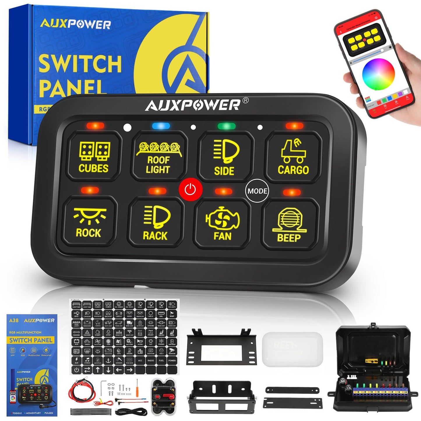Auxpower RGB 8 Gang Switch Panel with App Control Turn On/Off Momentary Pulsed Multifunction 12V Switch Panel for Truck Circuit Control Relay System Switch Panel Waterproof for Car Boat Truck RV