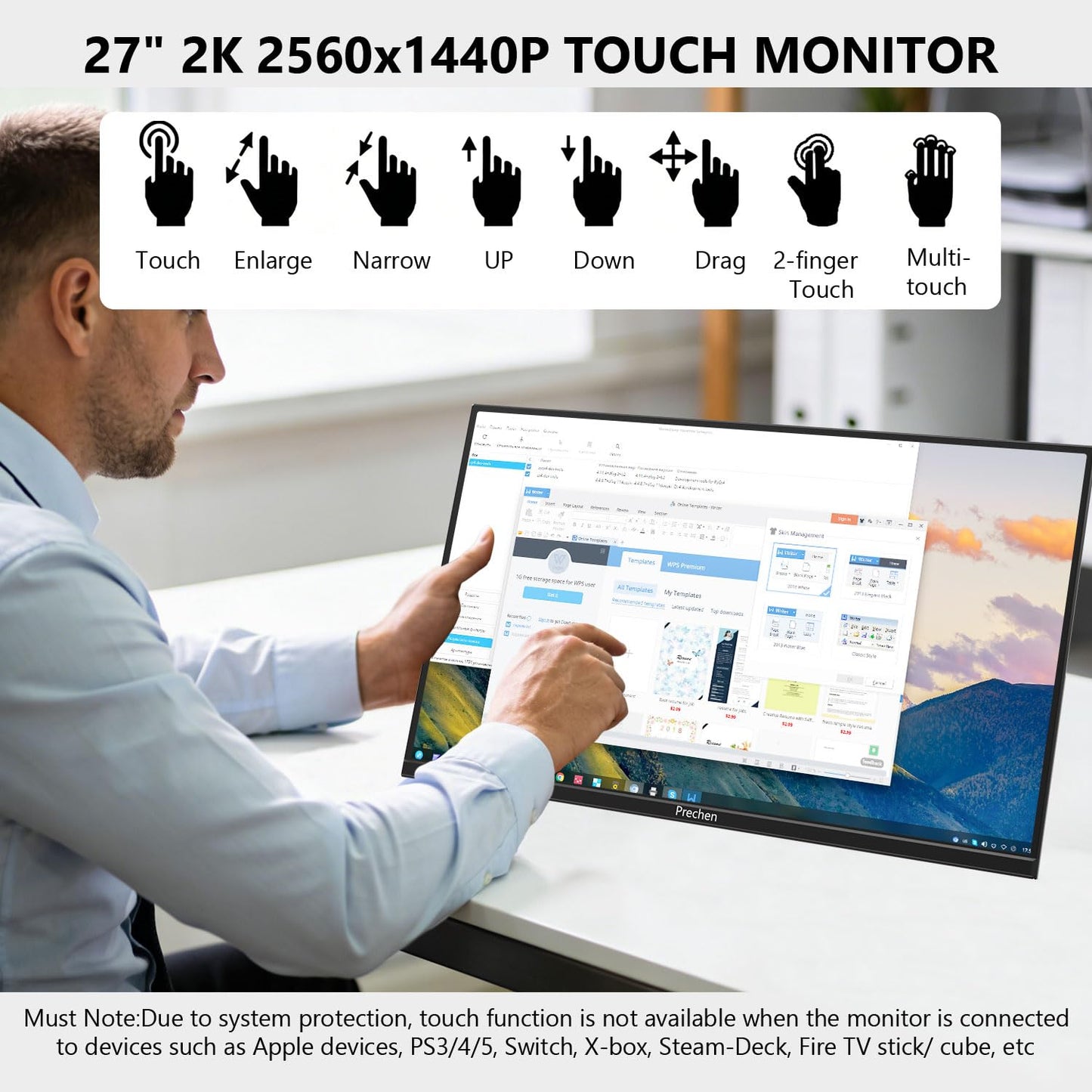 Prechen 27 Inch 2K QHD 100Hz Touchscreen Monitor 10 Point Multi Touch IPS Portable Display, 2560x1440 USB-C HDMI Laptop Monitor with Adjustable Stand & Speakers