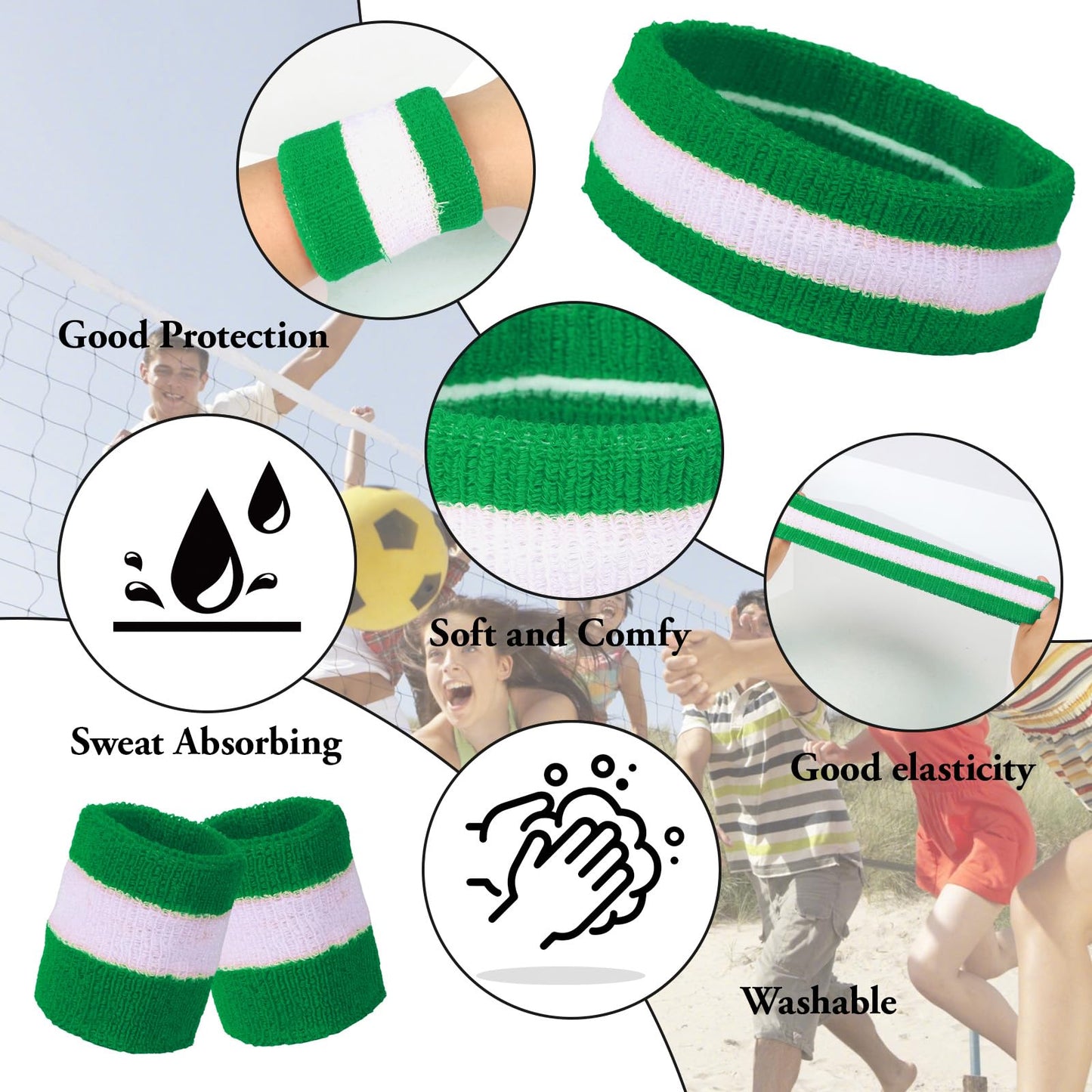 36 Pcs Wrist Sweatband Set Sports Headband Wristband Set for Men Women Party Sports Cotton Headbands Athletic Sweat Bands for Tennis Football Gym Workingout Accessories (Green White)