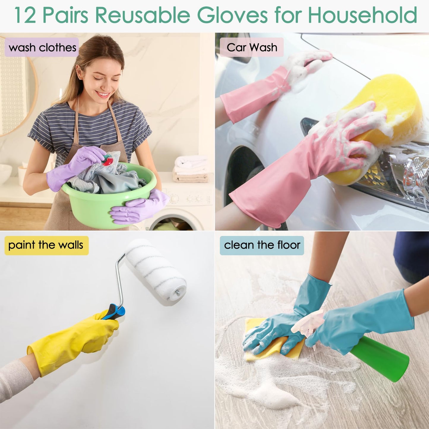 ATZNZIK 12 Pairs Rubber Cleaning Gloves for Dishwashing Reusable Kitchen Gloves for Washing Dishes and Household Non-Slip Cleaning Dish Gloves for Women Men,Large