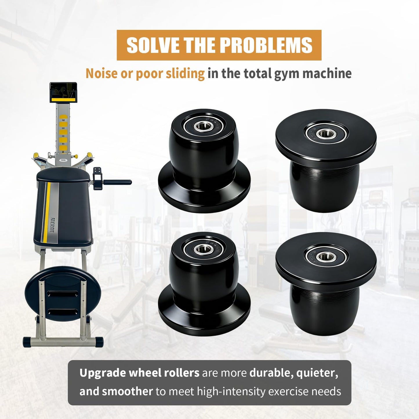 Vsttar Qty.4 Machined Wheels/Rollers Compatible with Total Gym Replacement, Fits Models XL, XLS, & Fit with Bearings Thru Hole of 1/4'' in Diameter, Black