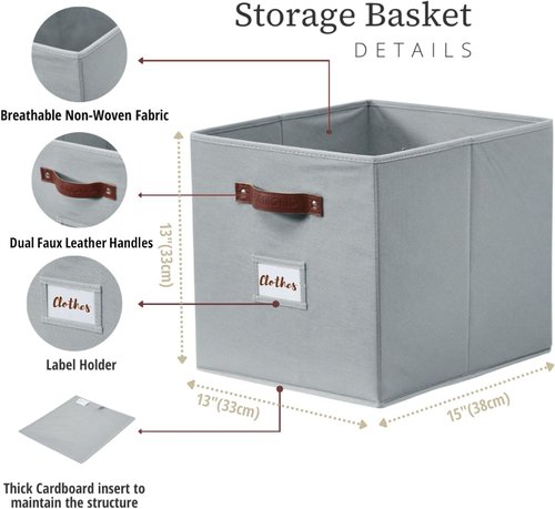 DECOMOMO Storage Baskets - 13x15x13 Cube Bins with Labels for Organized Shelves | Set of 4, Grey