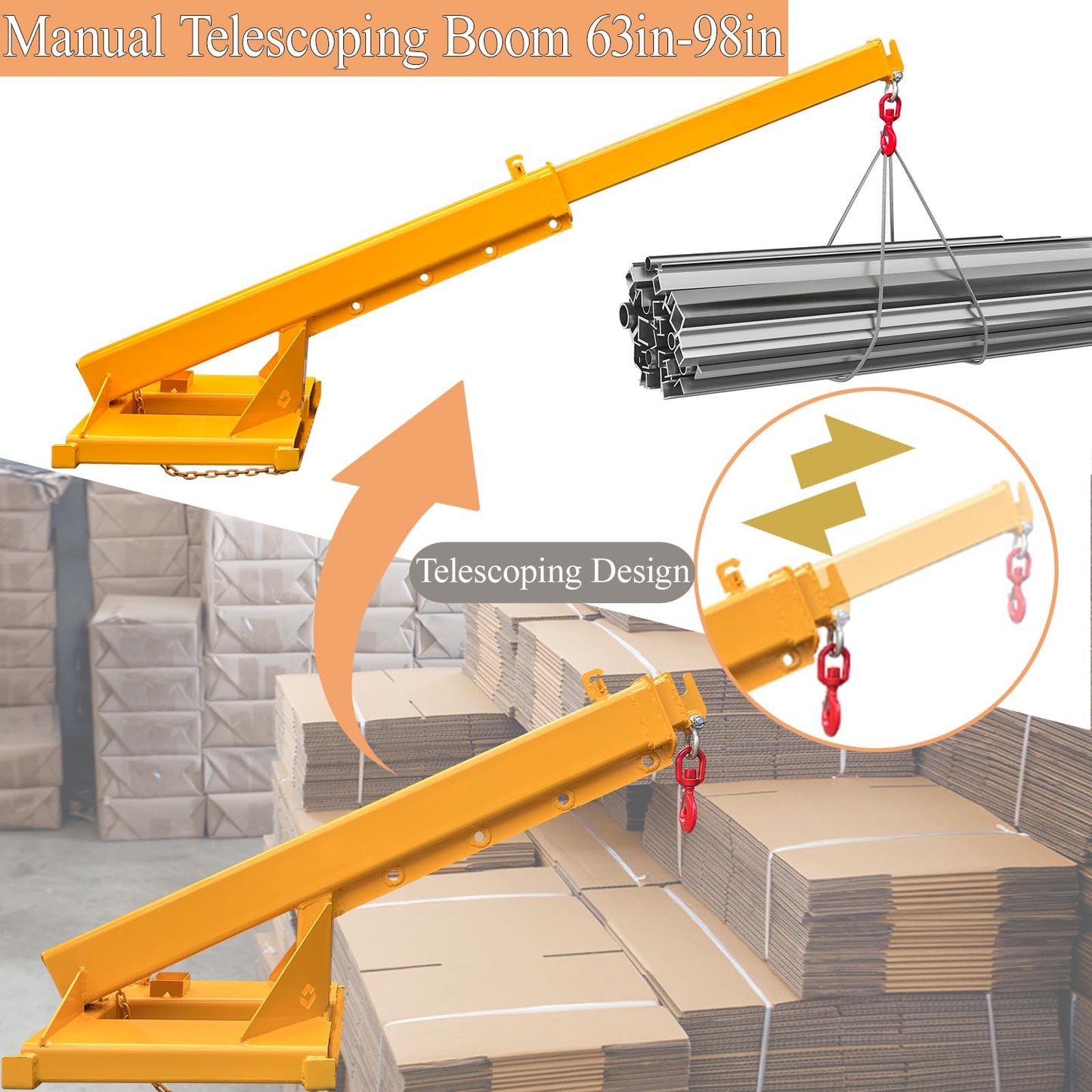 TECHTONGDA Fork Mounted Hoist Jib Boom Crane, 6600LB Capacity Telescopic Boom Lift Crane, 63"-98" Manual Telescoping, Forklift Mobile Crane Lifting Hoist, Forklift Boom Attachments Lifting Equipment