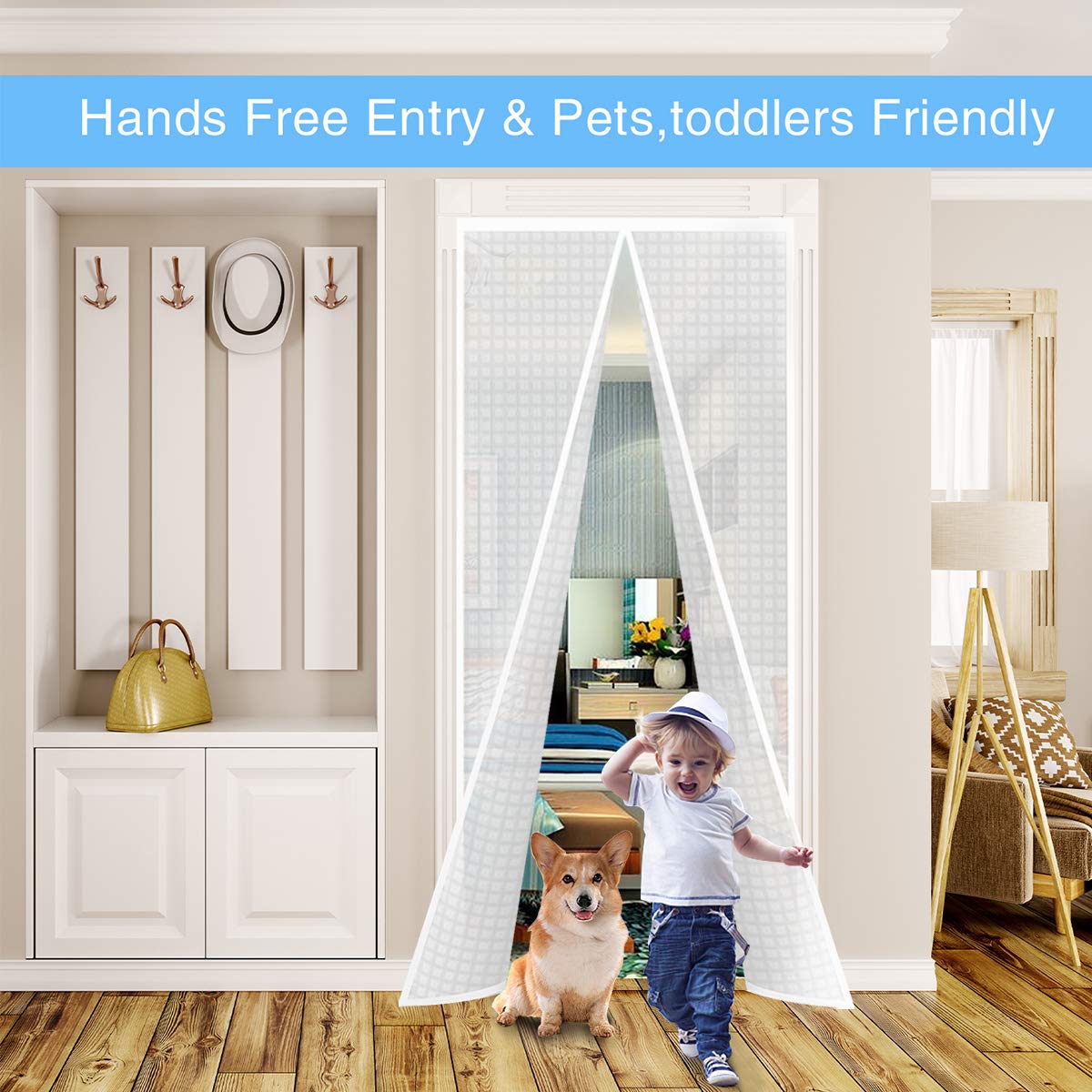 Insulated Door Curtain, Thermal Magnetic Self-Sealing Door Screen Winter Stop Draft Keep Cold Out Cover for Kitchen, Bedroom, Air Conditioner Room,Hands Free, Fits Doors up to 36" x 82", White