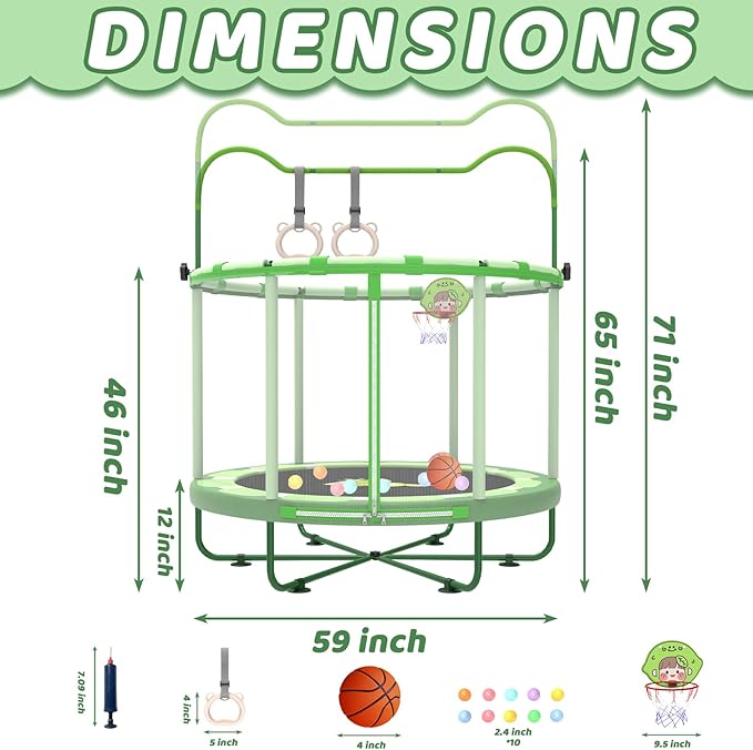 Gardenature 60" Kids Trampoline Indoor, 5ft Toddler Mini Trampoline with Basketball Hoop, Gymnastics Bar, Rings, Christmas Toys Birthday Gifts for Girls Boys Age 3-8