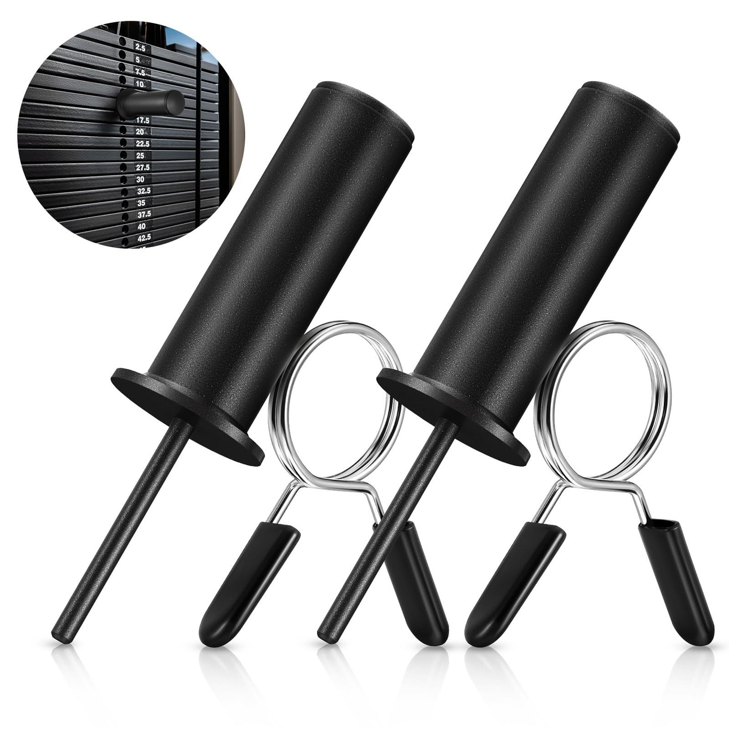 Lasnten 2 Pcs Weight Stack Pin Extender Gym Pin with Spring Clip Collar for 2 Inch Weight Plate Cable Strength Exercise Machine Gym Training Home Fitness Equipment (Black)