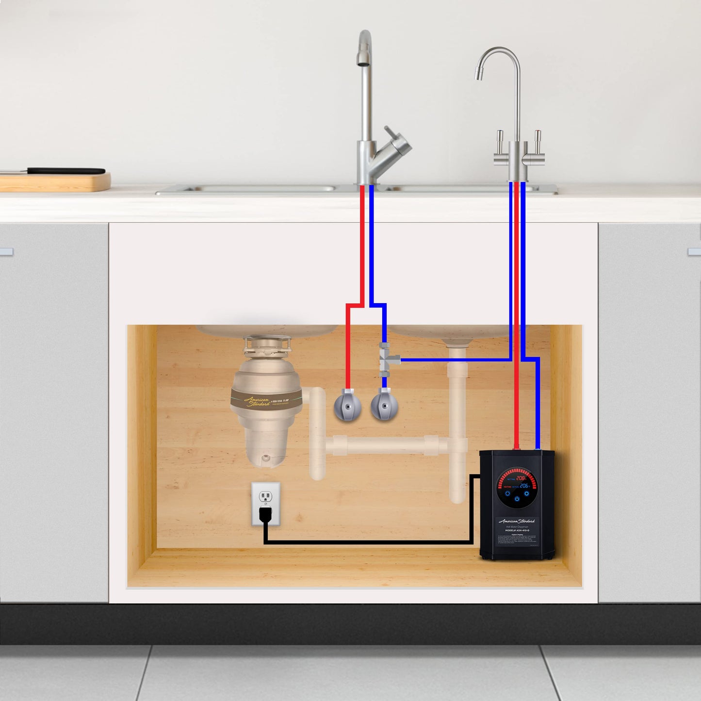 American Standard ASH-410 Digital Hot Water Dispenser, Includes Polished Chrome Dual Handle Faucet 1500 Watts, 110v