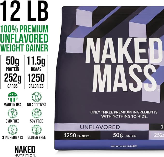 NAKED Mass - Natural Weight Gainer Protein Powder - 12LB Bulk, GMO Free, Gluten Free & Soy Free. No Artificial Ingredients - 1,250 Calories per Serving