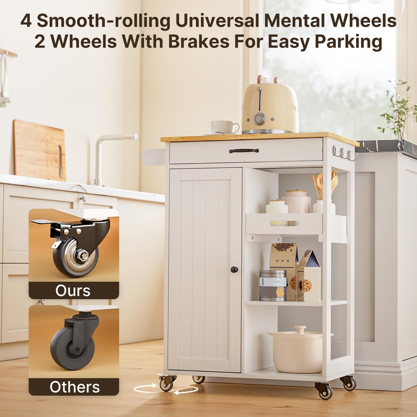 Gizoon Kitchen Island Cart with Removable Tray, 27.6''W Rolling Utility Trolley Cart with Drawer, Cabinet, Towel Rack, Hooks and 3 Open Storage Shelves, Mobile Storage Cart for Dining Room, Bar, White