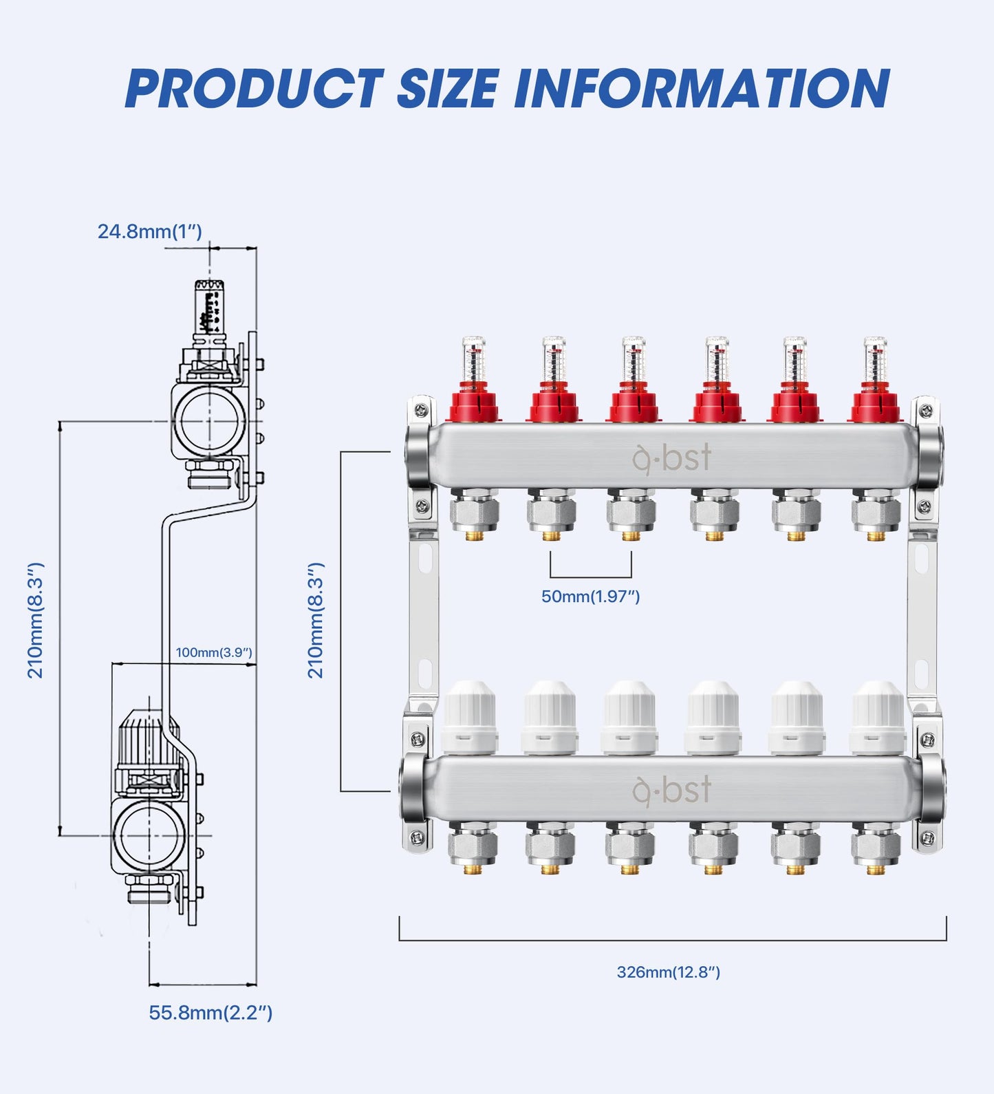 ABST PEX Manifold,6 Loop Stainless Steel Floor Radiant Heat Manifold Kit with 1/2" Adapters Included for Hydronic Radiant Floor Heating