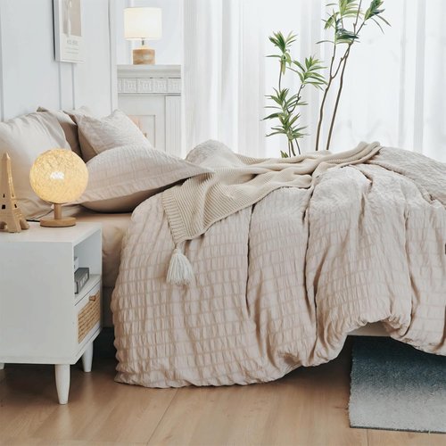 HYMOKEGE Ultra Soft Beige Duvet Cover Set - 3-Piece Queen Size with Zipper Closure & 8 Corner Ties (90"x90")