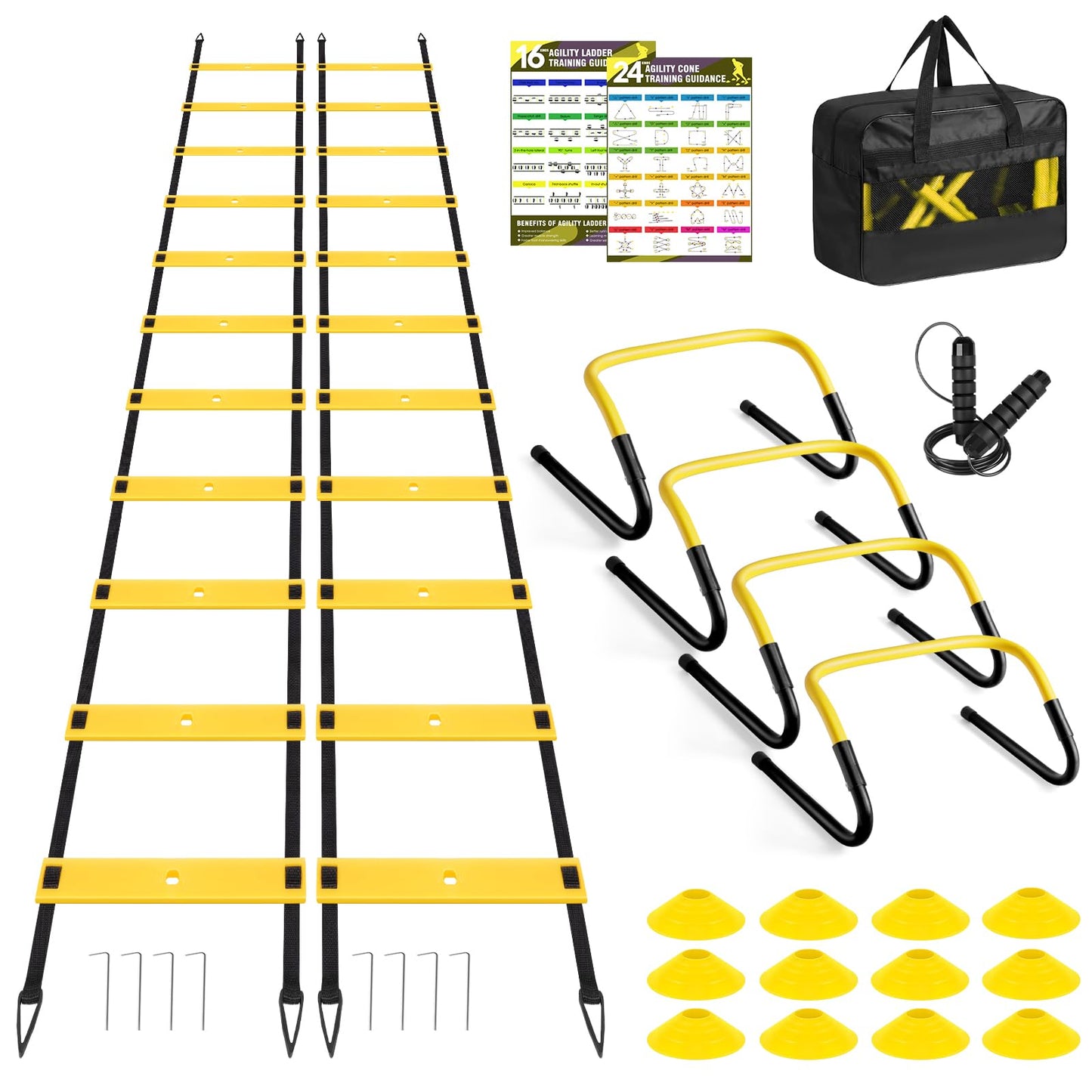 BORNEW 2 Pack Agility Ladder, Soccer Speed Training Equipment Set with Total 26 ft Agility Ladder, 12 Cones, 4 Adjustable Hurdles, Jump Rope, for Soccer, Basketball, Football, Kids, Youth, Adults