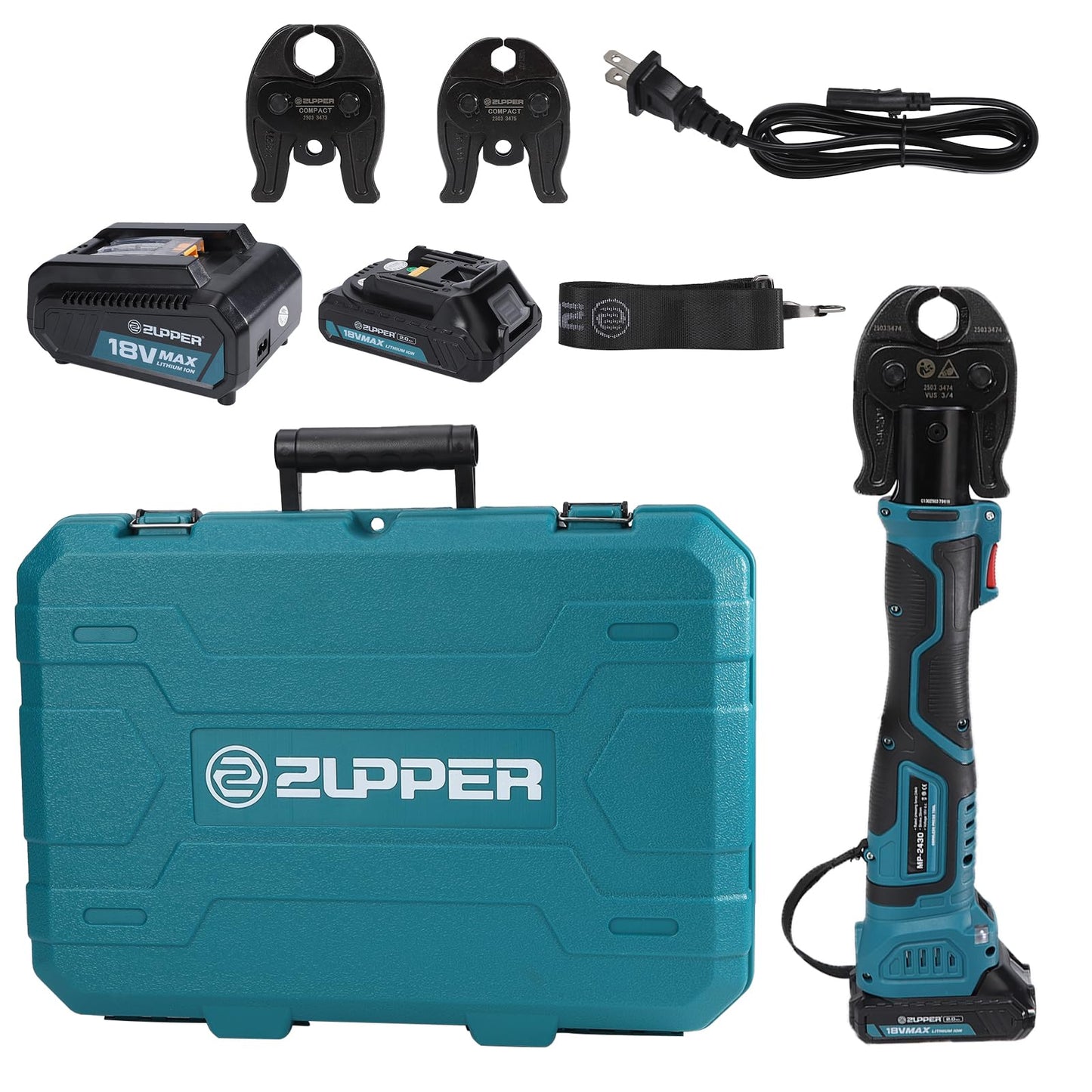 ZUPPER Press Tool, 18V Electric Copper Pipe Crimping Tool with 3 Press Jaws 1/2” 3/4” 1”,Brushless Motor,2pcs 2Ah Battery Fast Charger & Carrying Case
