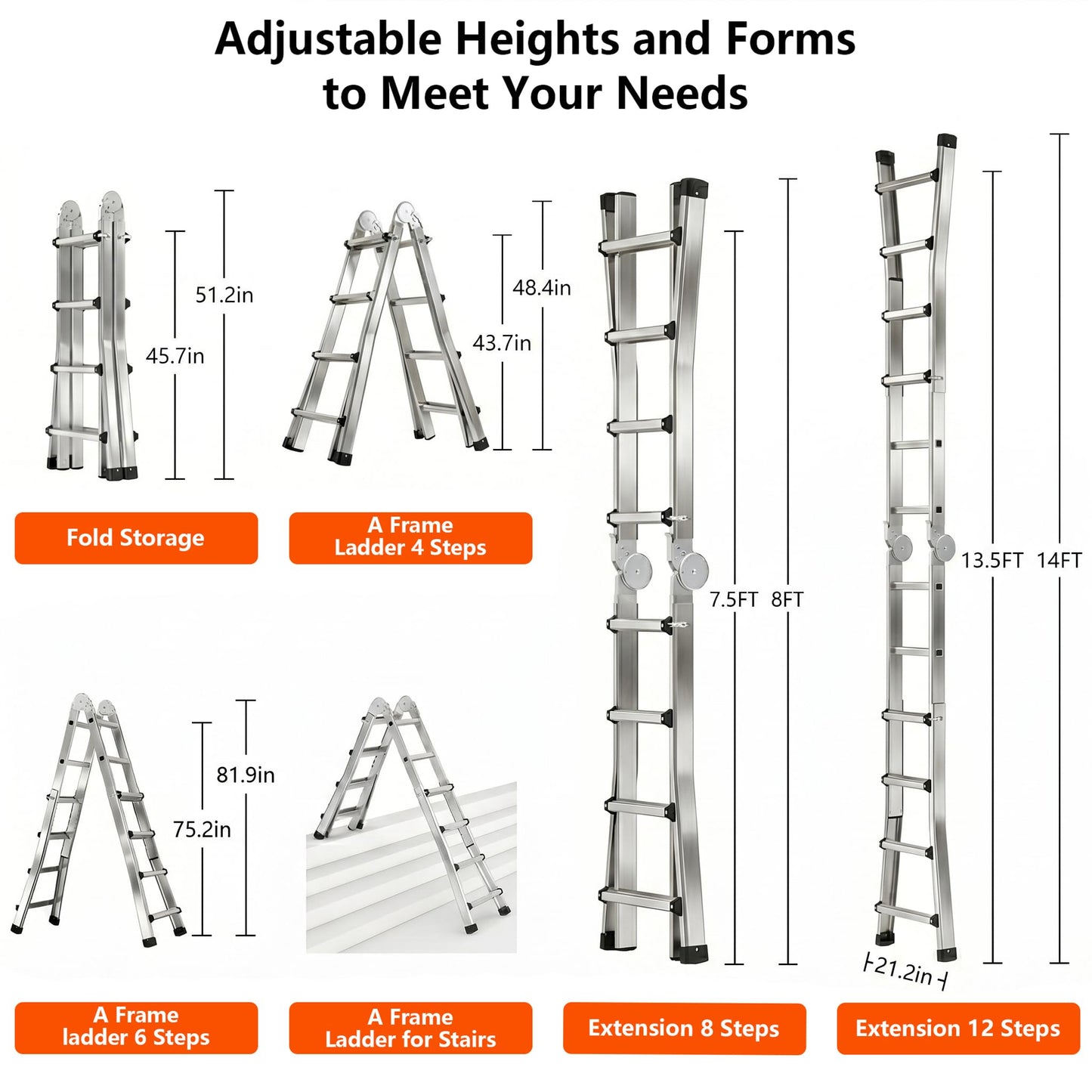 Telescoping A Frame Ladder Extension Ladders for Outdoor Home Use, Multi Position Ladders Adjustable Ladder for Stairs, Indoor, Roof and Rv Use, Steel, 330 Lbs Capacity