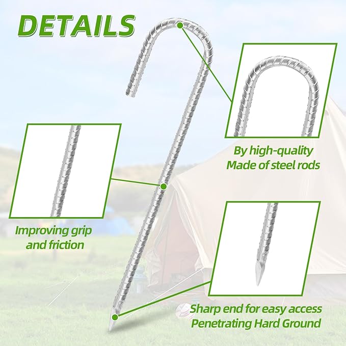 Rebar Stakes 16inx10mm Galvanized J Hook 12pcs – Heavy Duty Ground Tent Stakes for Fence,Bounce House,Outdoor Plants,Artificial Turf,Dog Coop,Metal Stakes for Christmas Decorations
