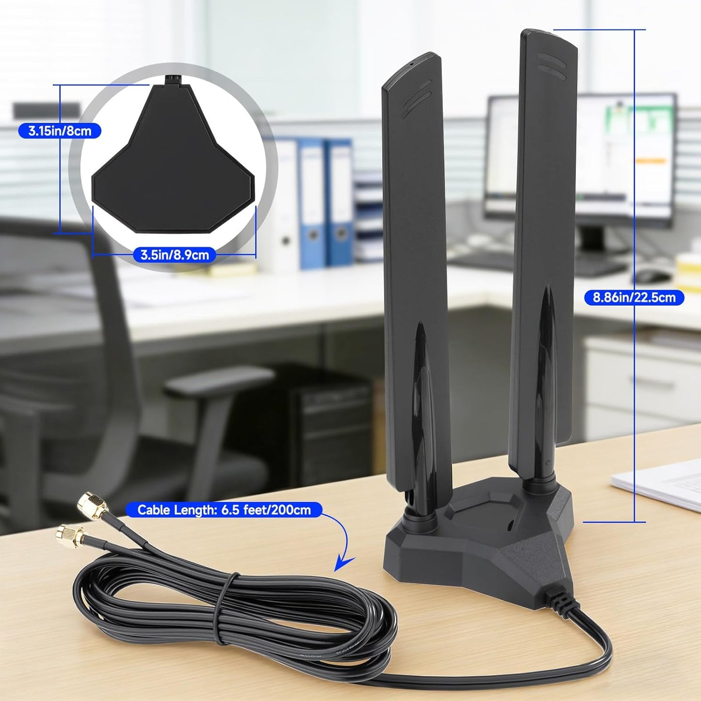 Eightwood 7 6GHz 5GHz 2.4GHz 7 WiFi Antenna Tri-Band RP-SMA Antenna with Magnetic Base for PC Desktop Computer Gaming