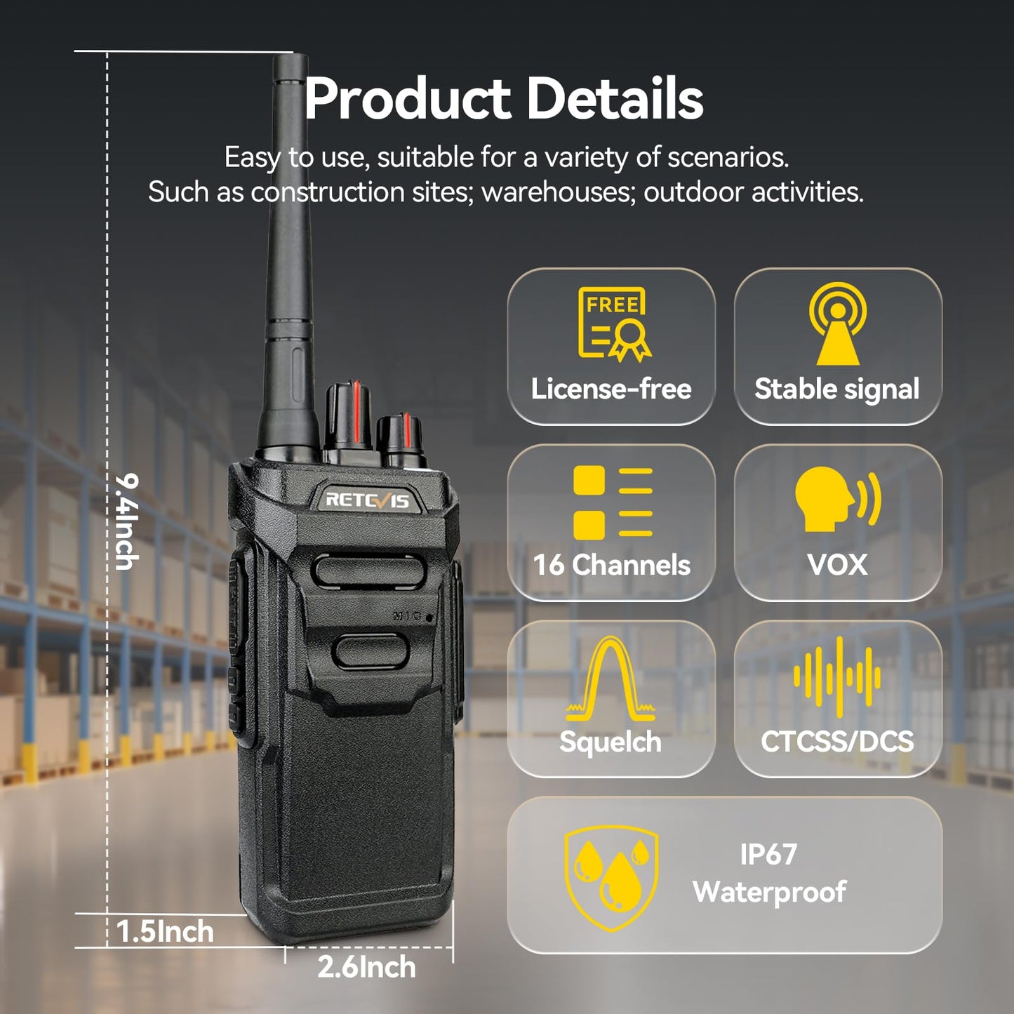 Retevis RT48 IP67 Waterproof Walkie Talkies for Adults,Heavy Duty,Professional Two Way Radio Rechargeable,1200mAh,VOX,Emergency Alarm,Rugged 2 Way Radios for Work Construction Jobsite School(10 Pack)