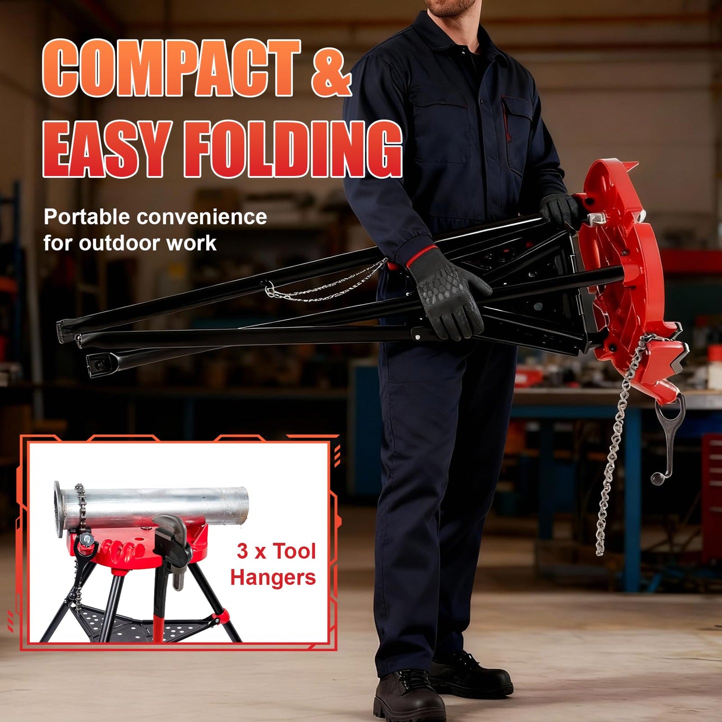 Alwalkee Tripod Pipe Vise Stand, Heavy-Duty 1/8"-6" Capacity, Portable Chain Vise with Tool Tray for Welding & Plumbing