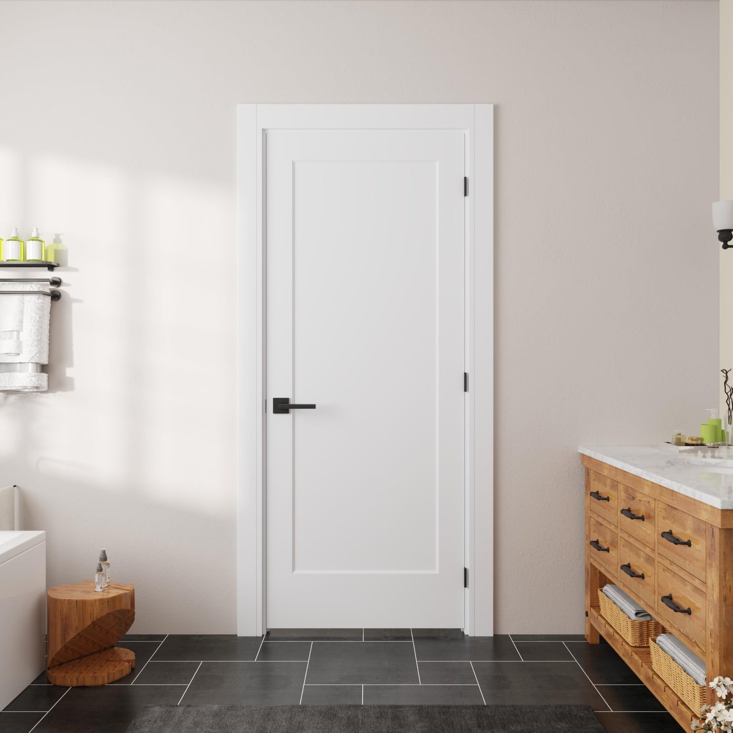 JUBEST 32"x80" Left-Hand Prehung Interior Door with Knock Down Jamb Kit & Matte Black Hinges, 1-Panel White Primed Hollow Core Molded Door Slab with Bore & Hinge Cutout, Durable & Sturdy, No Handle