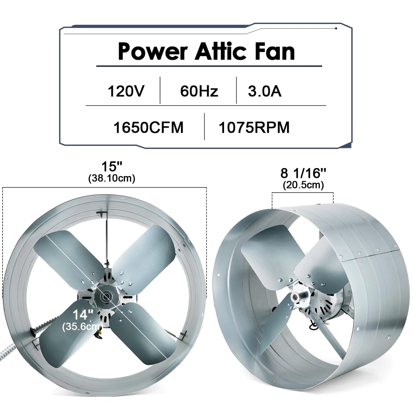 Hiorucet Upgraded 15 Inch Exhaust Fan for Gable Vent with Switch, 1650CFM 2500 SQF High-Speed Attic Fan with Adjustable Thermostat, 14 Inch Fan Blade and Permanently Lubricated Motor, 1075RPM.