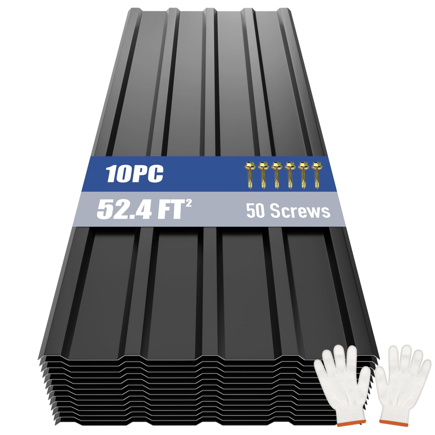 Brakki Metal Roofing Panels 10pcs 52.4 ft², L42.52"xW17.72" Black Corrugated Galvanized Steel Roof Panels with Screw, Heavy Duty Metal Siding Suitable for Garages Chicken Coop Sheds Stables Patio